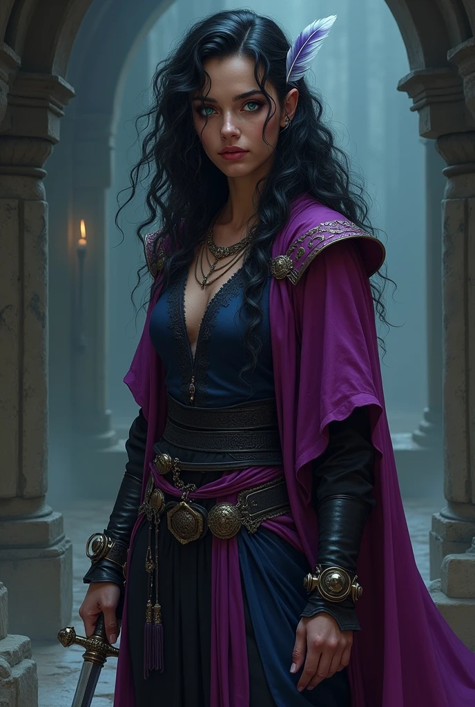 Short woman long curly black hair, medium reddish, fair skin, blue eyes, good image quality, better quality lighting, wearing warrior and sorceress clothes, wearing jewelry, cinematic pose with tattoos 