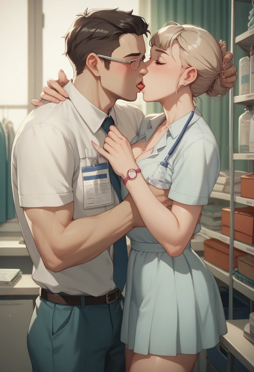masterpiece, best quality, unity 8k wallpaper, illustration, very detailed, ((rape, sexual harassment, ache , 1 Nurse ,1 evil old man, first sound)),, sweat, Warmth, Hard, big bust ((in front of many people ))(((get raped, have kiss)))