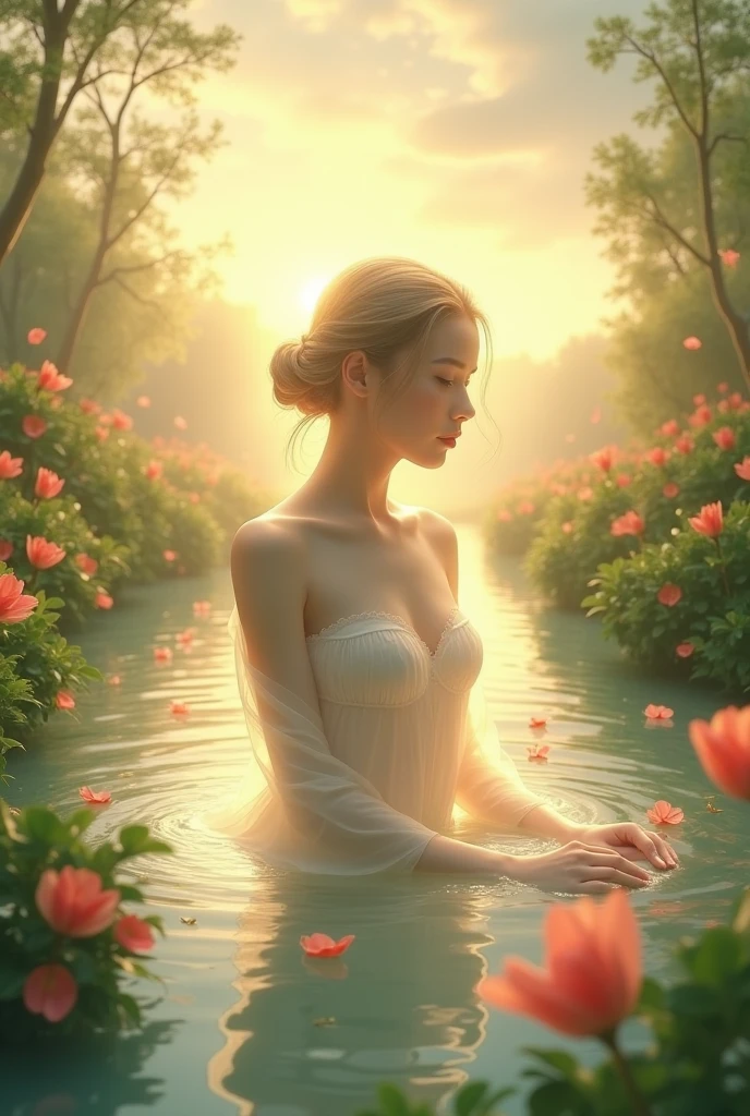 Water Nymph, floating in the pond, surrounded by cherry blossoms and rain, she has a gentle, unearthly and regal appearance, with loose hair, translucent silver-blond hair, which seem to be made of water and shimmer. Her skin is pale and has a soft glow., as if she was glowing from within. She is wearing a flowing, regal dress., which blends organically with the surrounding water, which rises and swirls around her. Her eyes are a deep golden brown., full of curiosity and calm.