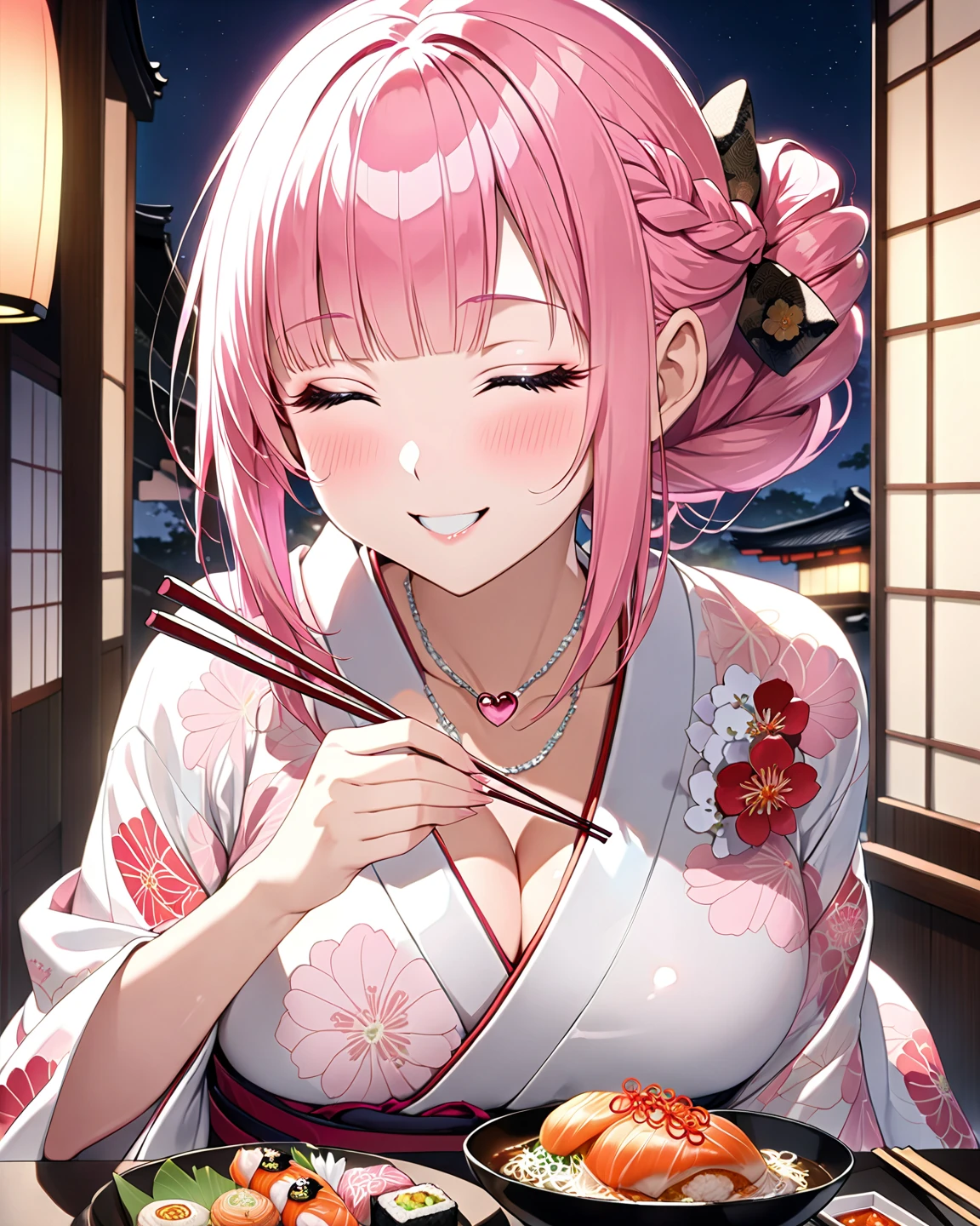 1 girl, eating Japanese hotpot dishes , focus hotpot dishes , close to viewer,upper body, from above,kimono, smile , background shoji screen ,high resolution,(incredibly absurdres), (hires.fix:1.3),anime visual,extremely detailed CG unity 8k wallpaper, ((masterpiece)), ((top-quality)), (beautiful illustration,background Tento), ((an extremely delicate and beautiful))