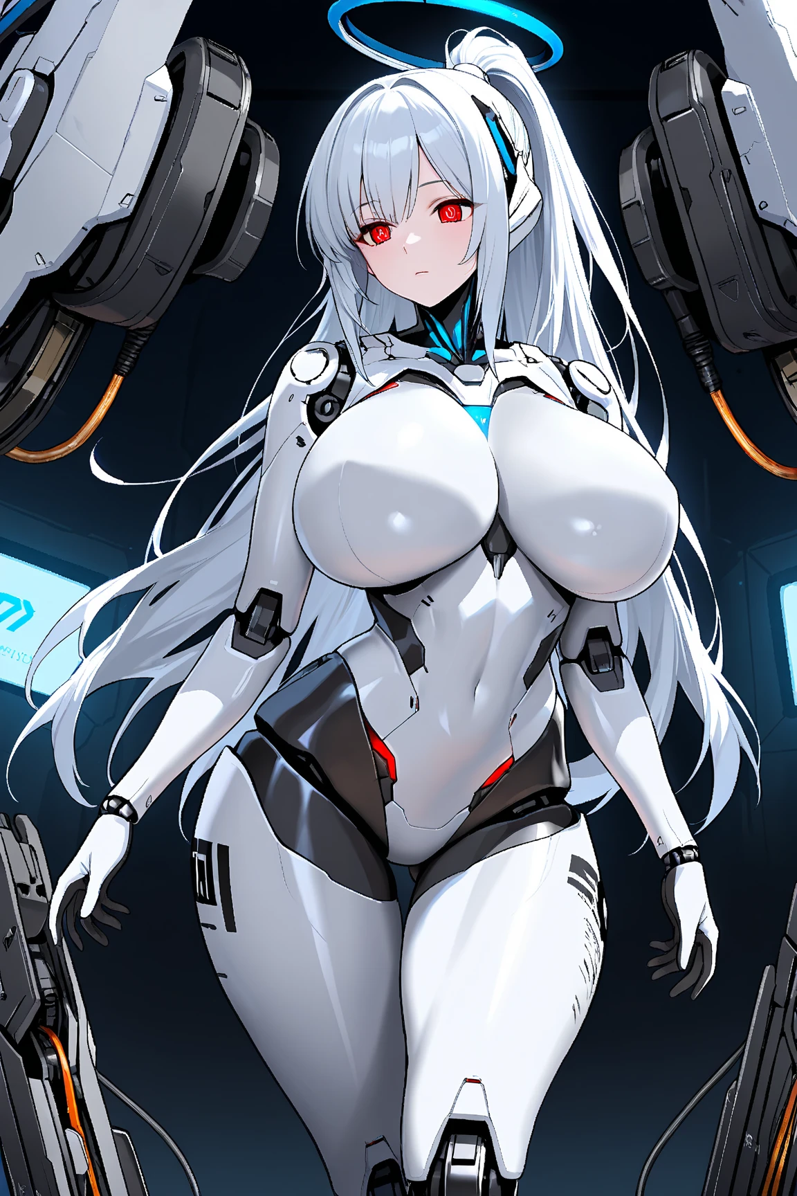 1 girl, chest, Covered face, winding, huge chest, humanoid robot, Claw hands, joint, No mouth, no eyes, robot, robot joint, shiny, shiny skin, simple background, alone, thick thighs, thighs, white background, wide hips, robot, humanoid robot, robot girl,fox ears