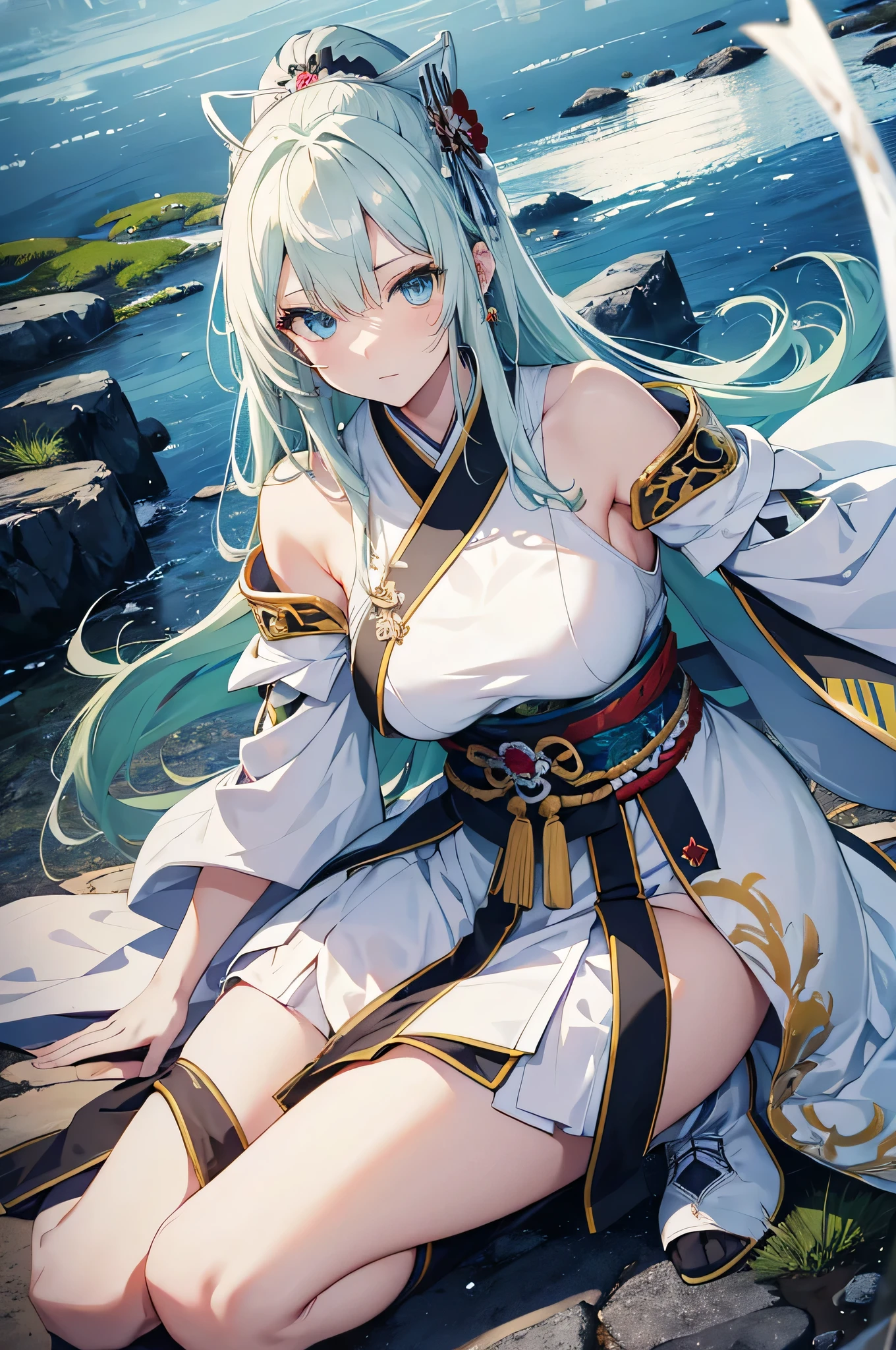 A woman (familiar face) wearing the magical symbols of a shining forest, clear sky, fine swirls and perfect wind: fog, fox ears, fox tail, bushy tails, clear sky, the mystery of the Japanese forest, the beauty of tranquility A cute fantasy world of smiles, dignity, Celestia, and light green and silver tones.