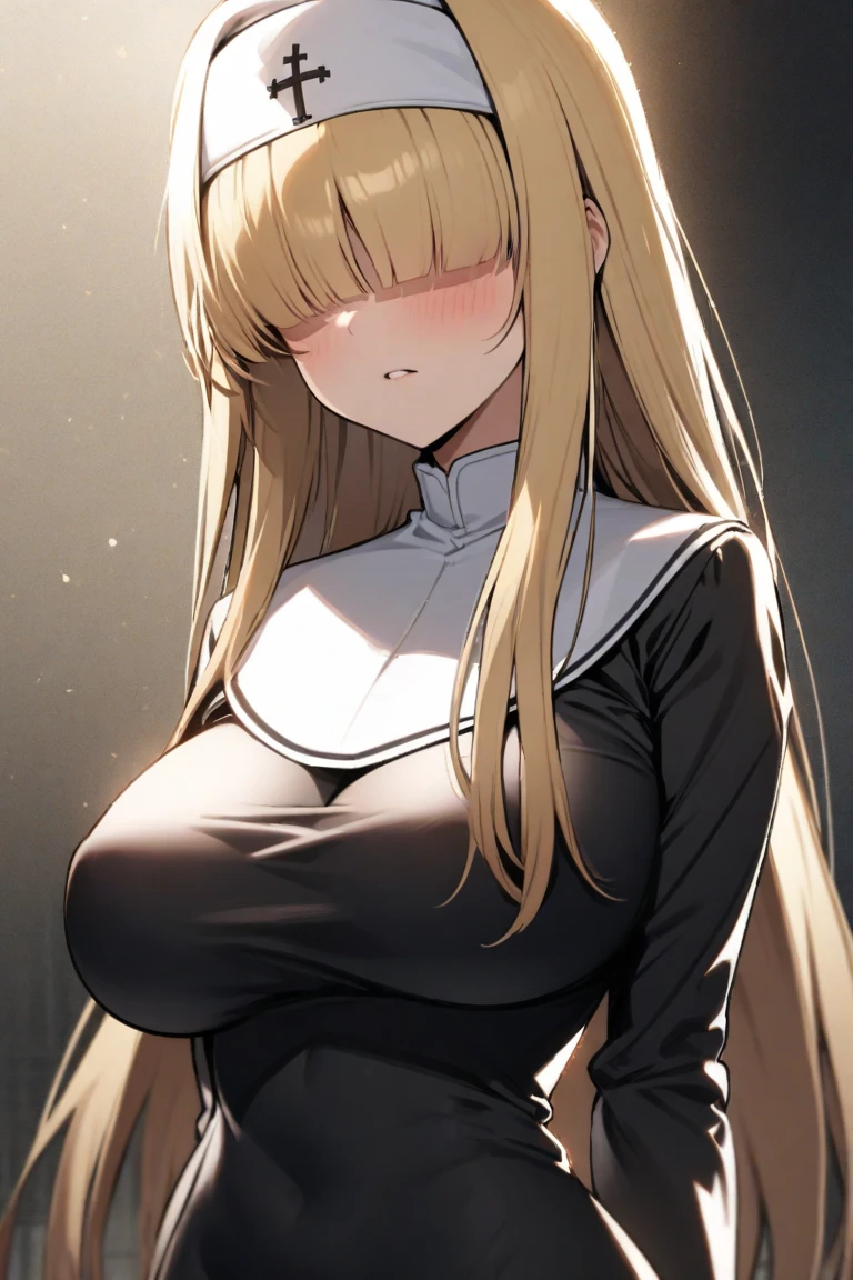 score_9, score_8_up, score_7_up, rating_explicit, 1girl, solo, MahiruShiina, otonari no tenshi-sama ni itsu no mani ka dame ningen ni sarete ita ken, shiina mahiru \(otonari no tenshi-sama\), yellow eyes, blonde hair, hair ornament, long hair, straight hair, medium breasts, black tight leather dress, cross necklace, sleeveless, black stockings, looking at viewer, standing, indoors, hall in the castle, detailed background, blush, open mouth,