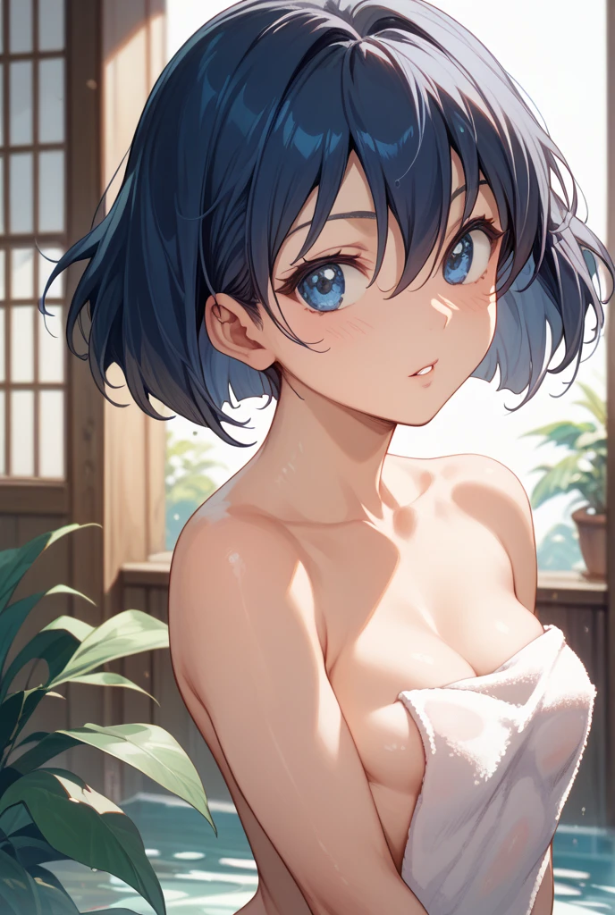 (best quality, high resolution, ultra detailed, anime style), a girl, black hair, totally naked, masturbates, at the edge of the swimming pool, the light shines on her body, the beach in the background is heavenly