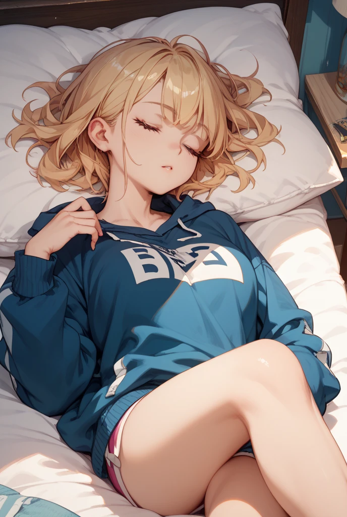 Sexy and cute girl, short bob hairstyle, seductive gaze, blushing intensely, parted lips, desperate, flustered, lustful, off shoulder orange t shirt, bare shoulder, lying on bed