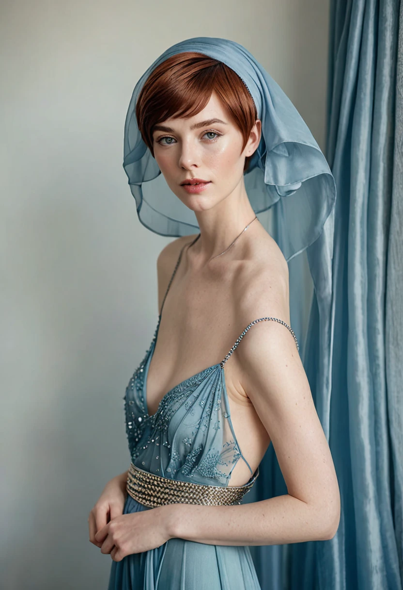 RAW photo, a full body photo of ceciliadeo1sd,auburn hair, short pixie haircut, pale skin, slim body, room background, blue silk veil,thin silk chain belt, (high detailed skin:1.2), 8k uhd, dslr, soft lighting, high quality, film grain, Fujifilm XT3