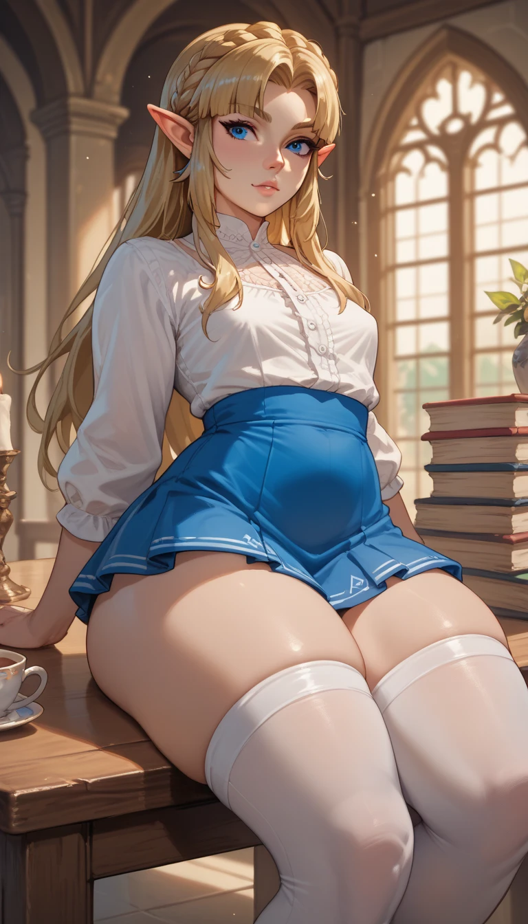 clothes lift, lifted by self, underwear, dress lift, panties, 1girl, skirt lift, twin braids, braid, dress, blue eyes, solo, curtsey, bow, long hair, white panties, bow panties, window, looking at viewer, skirt hold, indoors, apron lift, blonde hair, Big breasts, anna
