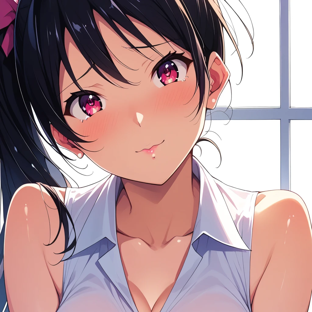 front view,face focus,(look up),Lie on your back in bed,An open-front shirt,Black and pink bra,Hands behind head,open mouth,tongue out,(1girl,Beautiful 14 year old girl),lick,front face,from front,front view,looking at viewer, looking ahead,Black Hair,Short Twin Tails,Gray Eyes,Drooping eyes,slit pupils,narrow eyes.Beautiful and detailed anime art,Mischievous smile,Dimly lit room,Simple Background,Gray background,Low lighting