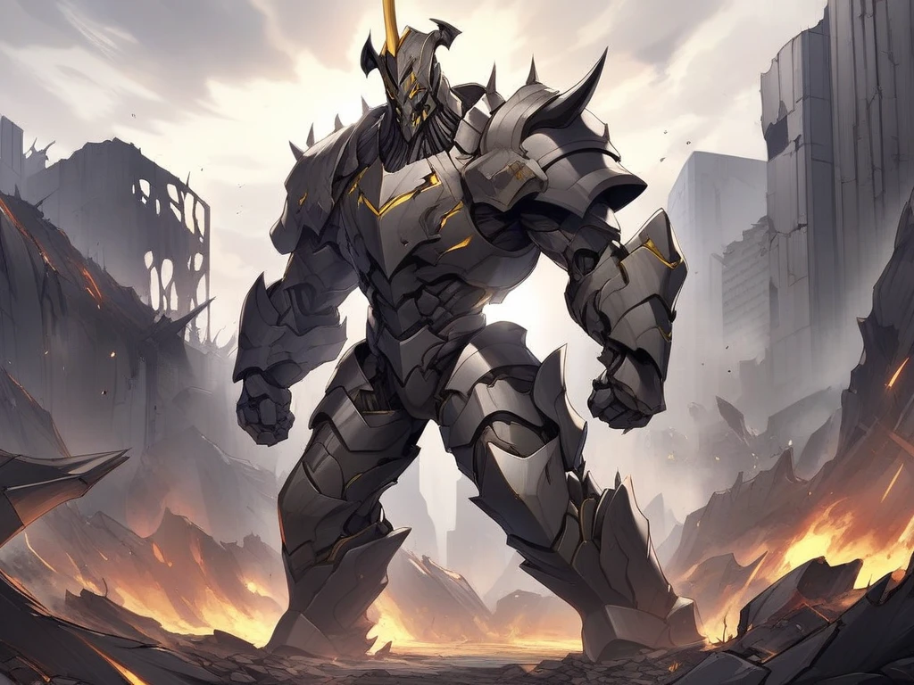 (Absurdres, master piece, best high quality image, very detailed features, very detailed textures, carefuly detailed with no deformed parts in all the artwork, not censored violence and bleeding), only solo character.
A big hulking troll, he has big mouth full of light blue sharp teeth, he has no nose, orange skin, he has two light blue eyes, very long arms with six fingers, strong bulky feet, 2 bison green horns on his head and 10 green spikes on his hed, wears a bulky heavy grey armor, (big squared helmet with 3 crests, big grey shoulder pads, very armored arms, bulky heavy grey, boots), wields a big axe and a huge heavy pistol, he is laughing happy and enjoying a fight. Attacking a british airbase.