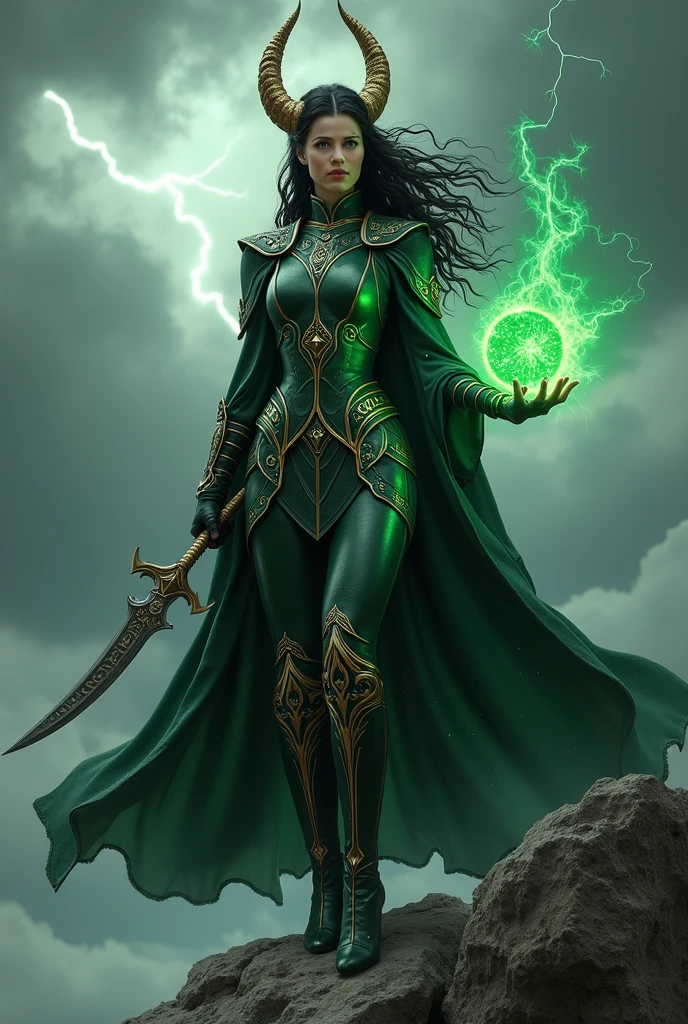 female verson of Loki768, sexy green outfit, black stockings, high boots on heels, crown with small horns, detailed background, detailed face, green arcane runes swirling in the air, green color scheme, magical green power, symmetrical composition, epic atmosphere, intricate, high detail, sharp focus, dramatic, photorealistic painting art by greg rutkowski