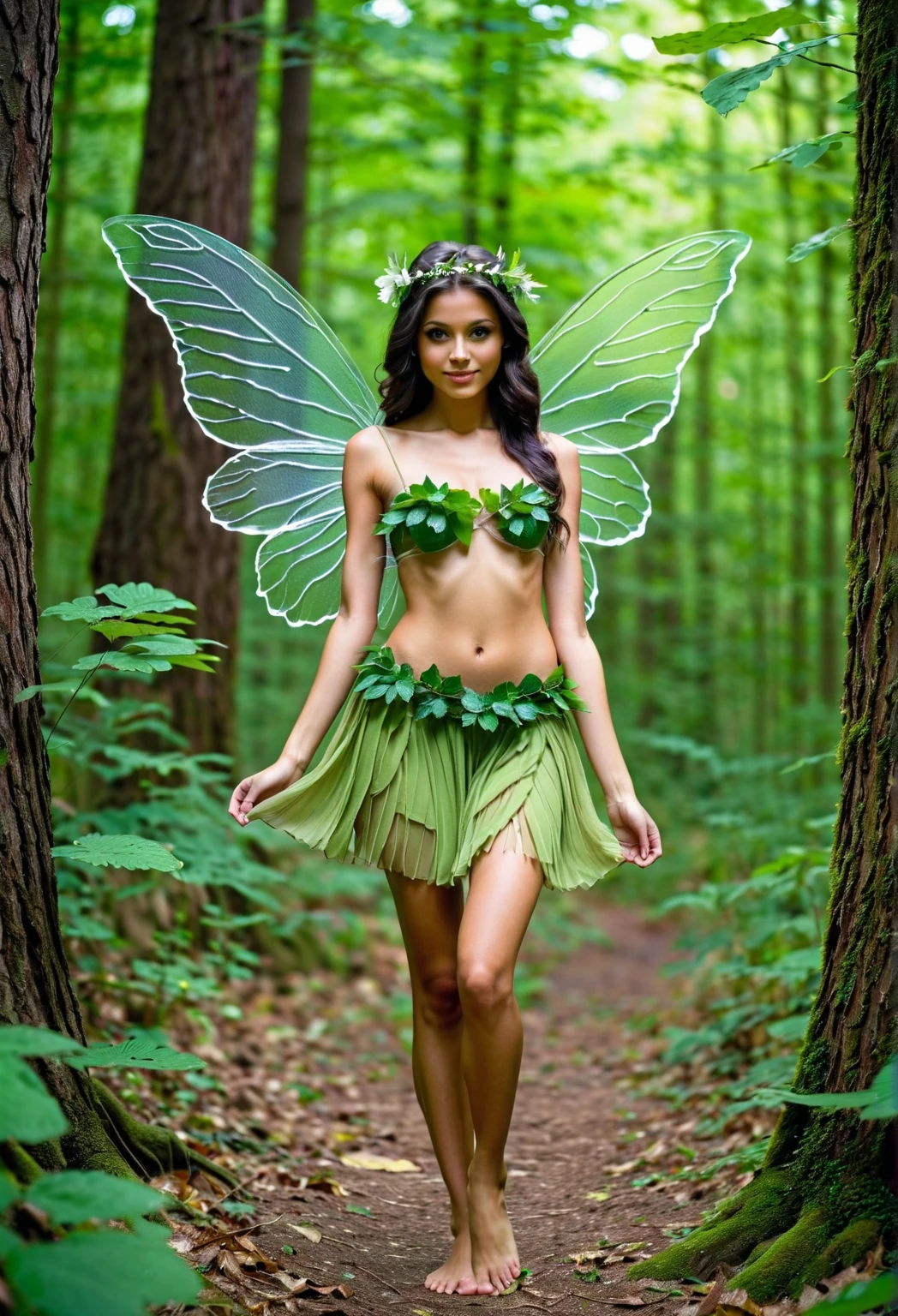 photo of a majestic goddess of the forest, body made entirely of flowers and foliage, dress is made of intricately detailed leaves and vines, clear face, lush enchanted forest background, butterflies, bloom light effect, god rays, lights and glowing motes, masterpiece, detailed, highest quality, Nikon D850, photo realistic, natural lighting