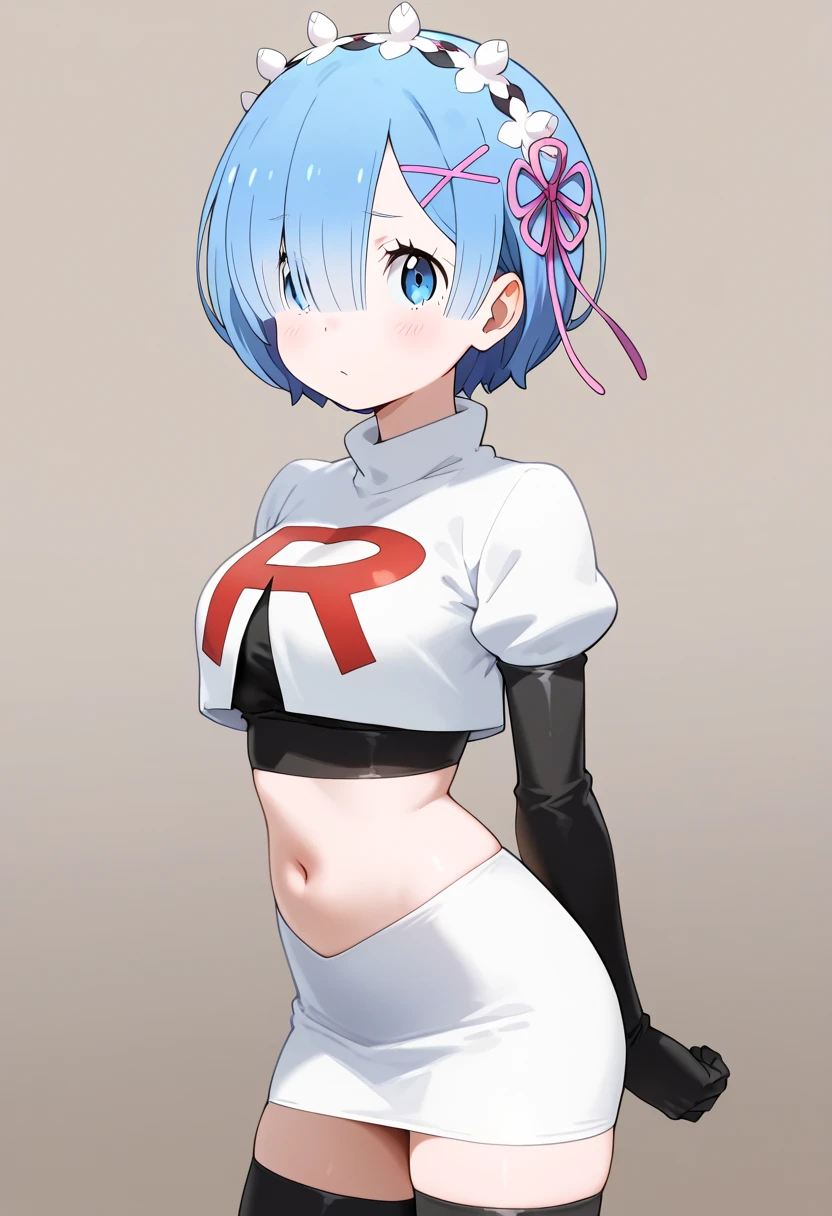 best quality, (masterpiece:1.2), highly detailed,
1girl, solo, lelei la lalena,
looking at viewer,
blue eyes, blue hair, short hair, small breasts, team rocket,team rocket uniform,white skirt,red letter R,crop top,black thigh-highs,black elbow gloves