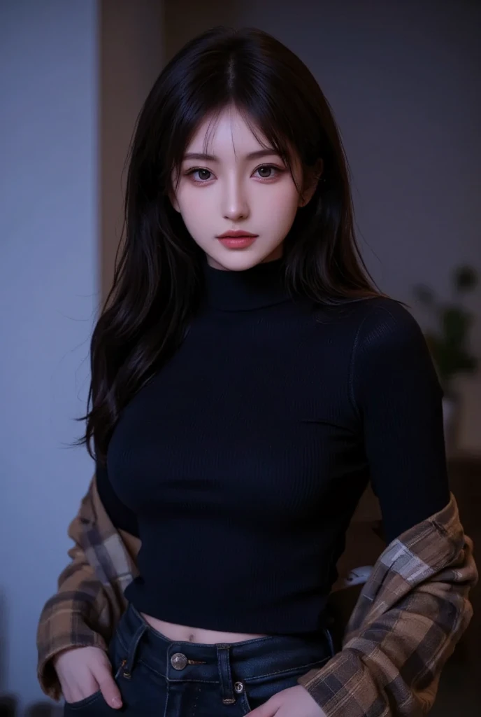masutepiece, 超A high resolution, (Photorealistic:1.4), 8K, Raw photo, Best Quality, detailed shadow, amazing, finely detail, Official art, absurderes, Sharp Focus, (light light on the face:1), (Volumetric lighting:1.4), (Light on Face:1), (Upper body:1.3),
BREAK,
1girl in、Japan Germans、Indian beauty、Dark mascara、big eye、drooping eyes, Dark eyeliner、Dark red rouge、red-lips、chic body、thin-waist、skeletalstraight、Superb Style、8 Head Body、Sexy legs、Beautiful fingertips、Bust is 85 cm、 Taut chest、huge-breasted、muscle、((Hourglass fig)), intricate detailes、hightquality、(High class:1.4)、Ultra realistic 8K、face perfect、Perfect、clean、masterpiece、Professional artwork、famousartwork、face perfect、Beautiful expression、beautidful eyes、Half Up Hair、Beautiful woman with refreshing sexiness and outstanding proportions、(sagging breasts:1.1), A dark-haired、wetting hair、clothes shiny、show the grinps,
BREAK,
wearing a detailed grey turtleneck sweater, plaid-pattern-pleats skirt, BREAK,
Looking at Viewer, Dynamic lighting, In the Dark, deepshadow, lowkey, intricate detailes, Detailed skin, Pore, hight resolution, nffsw, 4K, Realistic,