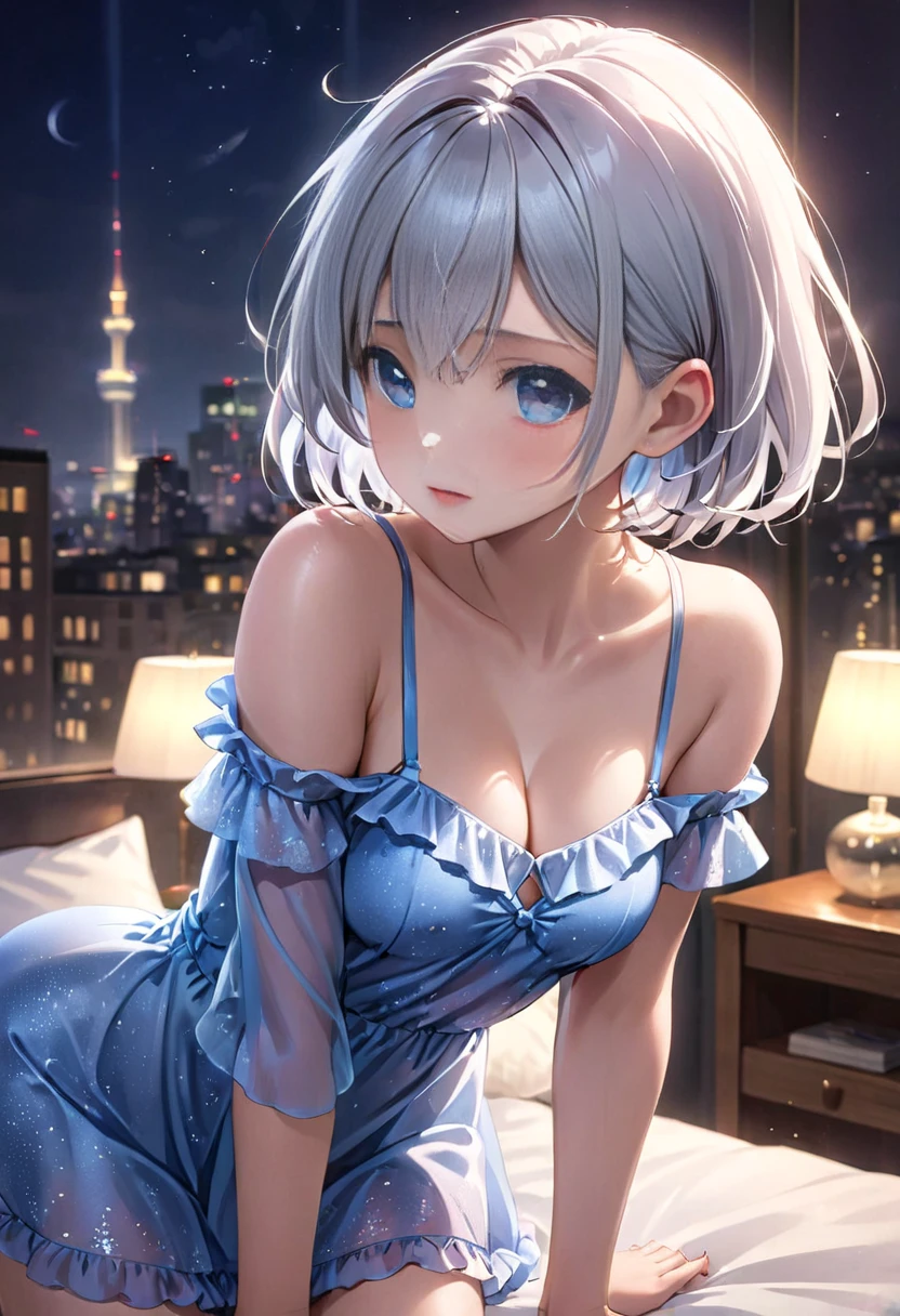 (8k, best quality, master piece: 1.2),super high resolution,1 girl, solo, colorshift eyes, hyperdetailed, expressive eyes, ultra-detailed face, ass pov, 便t－Vintage Dress、Random hairstyle、Random hair color、Midnight、Out of the window、starry skies, Collarbone, Ecstatic expression, cleavage,wariza, cowboy shot