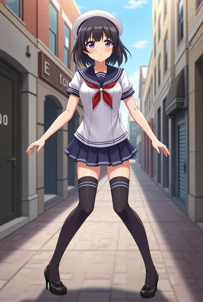 NSFW,Aarinko、short hair、Black Hair、Bobcut,cropped,Sleeveless,Micro Mini Skirt,Knee-high socks,Embarrassed,blush,(Perfect hands),(Perfect Anatomy),(masterpiece),(highest quality),Looking up,Lonely look,Shopping mall,looking at the camera,Skirt Lift
