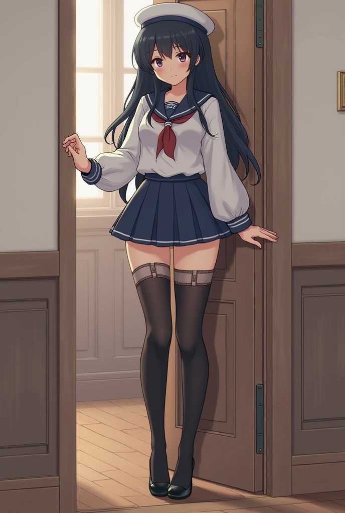 Full body of one schoolgirl、slender body shape、Standing on your own feet、brown haired、Longhaire、blushing、mouth slightly open、small tits、Underwear、Thigh-length black sheer stockings without shoes、She wears pure white panties under her stockings.、Wearing a pure white bra、Pure white underwear、inside in room、6K、​masterpiece、top-quality、best、超A high resolution、intricate-detail、An ultra-fine illustrations、perfect anatomia、Correct anatomy、perfectly proportions、face perfect、perfect hand、perfect leg、perfect fingers、18year old、