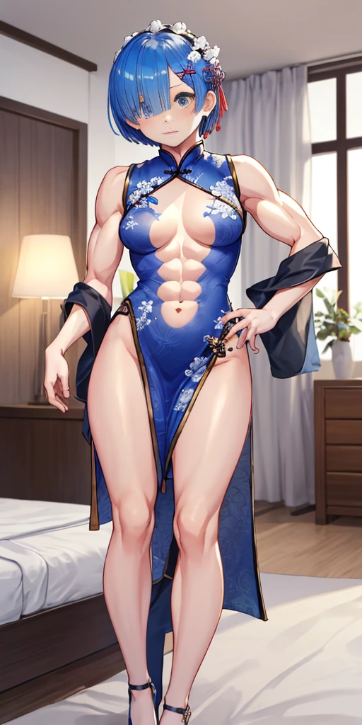 Furina from Genshin Impact, (1 adult girl), (in the motel room), blue painted nails, {{{very sexy thong bikini}}}, (((muscular legs))), thin, white skin, muscular belly, standing, dark blue high heel shoes, (full body photo), (short hair), {{{holding big breasts naked}}}, big breasts, eye reflection, elongated eyes, elongated eyes, (happy), anime, anime style, cinematic lighting, shine, JPEG artifacts, bright light, divine rays, ray tracing, panorama, canon, UHD, master piece, textured skin, Super Detail, High details, best quality, very high resolution, 16k