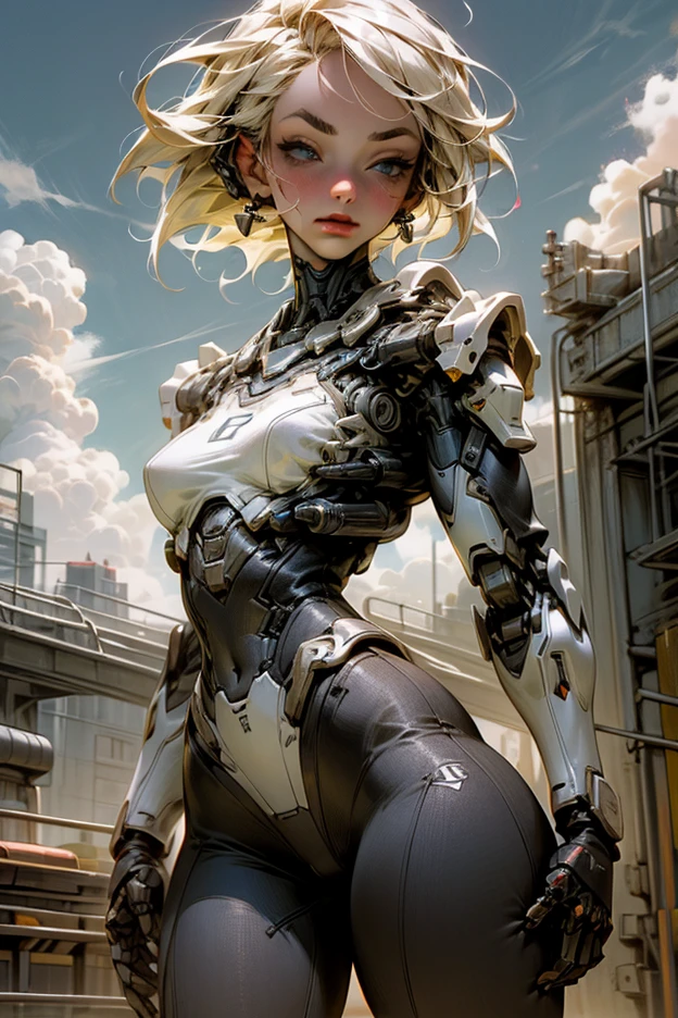 AppleJack, AppleJack Cyborg Girl, AppleJack of My Little Pony, Bio Organism, Not Human, Mechanical Parts, Lush Hair, Long Hair, Yellow Hair, AppleJack Hair, Bionic Body Parts, Missing Skin, Completely Cyborg, Holding an Apple in Hand, Cowboy Hat on Head, All Made of Metal, Robot, The Whole Body Is Made Up of Small Parts, Cyberpunk, Artificial Intelex, Cybernetic Organism, Mechanical Arms, Mechanical Legs, red glowing eye, full growth, full body, very detailed, ultra 8k quality, broken parts, holes in mechanisms, not a living organism, runes and red magic, magic flies around, a lot of red and green, red lights, earrings apples, a lot of magic, a cyberpunk farm, mechanical harvest, everything in metal, cyberpunk hangar, a lot of apples