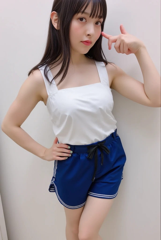 age Japanese Girl, Sports bra, Bloomers made by Capital Ace、Bloomers made by CAPITAL ACE、Cobalt Blue Bloomers, bloomers, pointy big breasts, very small nipples, Sandy bloomers、Thin legs,Long white socks ,Embarrassed face, open small, View from below、Dirty full body view、Small buttocks with rough skin