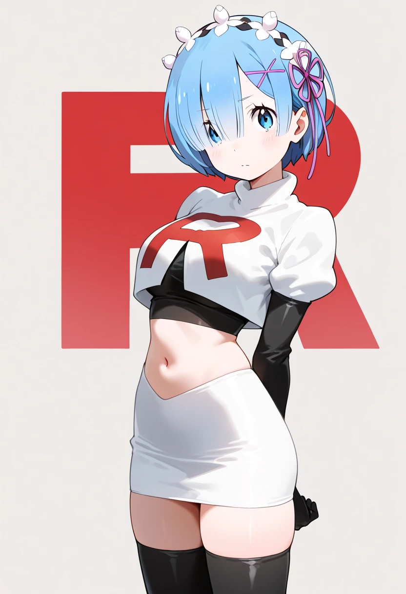masterpiece, best quality, highres, aarem, short hair, skyblue hair, maid headdress, x hair ornament, hair ribbon, hair over one eye, large breasts, cowboy shot, team rocket,team rocket uniform, red letter R, white skirt,white crop top,black thigh-highs,black elbow gloves