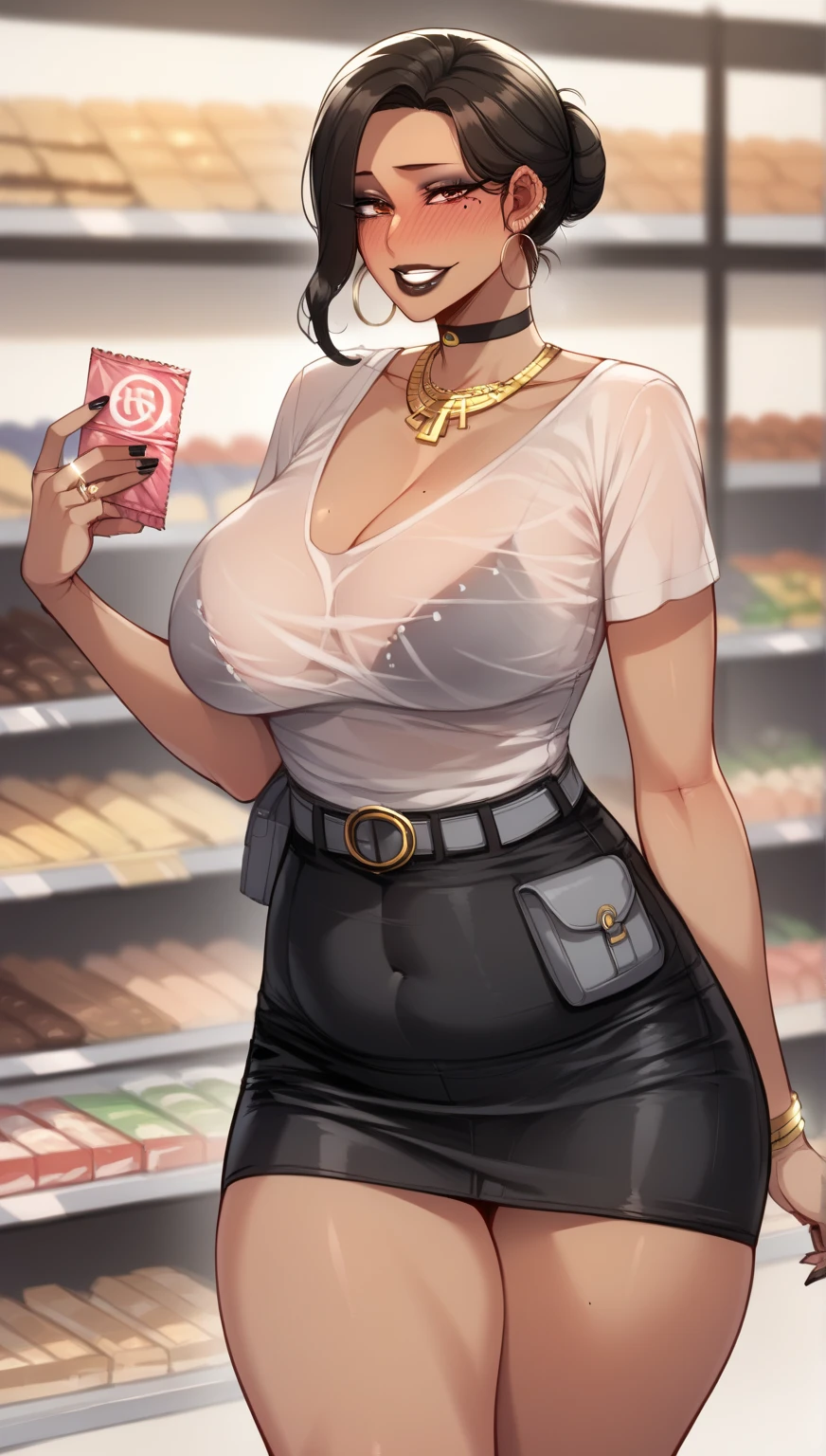 An Arabic woman, milf, with big natural breasts, big rounded ass, wide mouth, wear silk hijab, pink mini dress, 7-inch high heels, collar jewelry, make-up, lipstick, polished nails, body tattoos, standing in front of a nightclub, in red carpet, a nice car in the background, holding a luxury shiny purse in her hand, big cleavage.