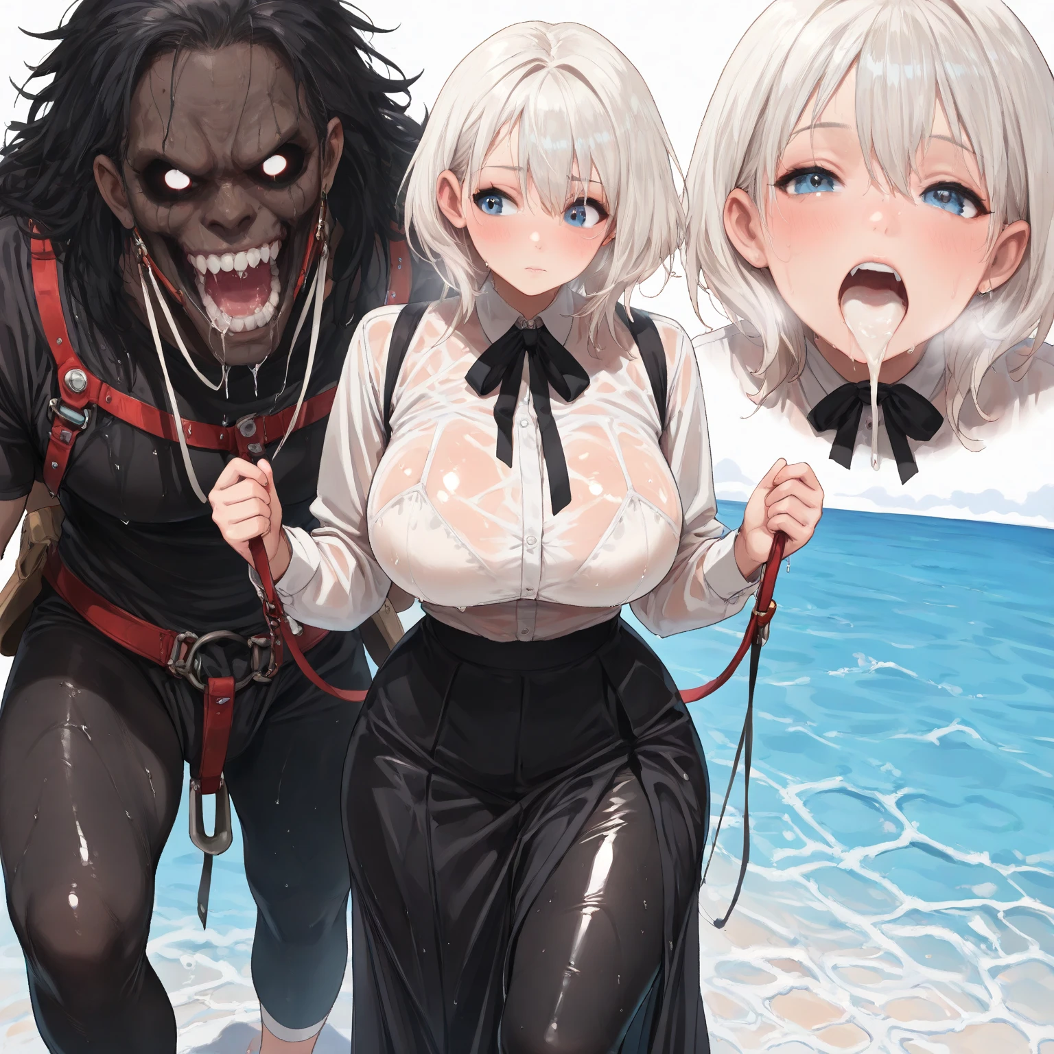 NSFW,masterpiece,Highest quality,High resolution,Super detailed,Shirakami Fubuki\(Hololive\),Gray Hair、One-sided braid、Ahoge、Earrings、Fox ears,Fox Tail,Halter Cross Micro Bikini,Embarrassed,Frustrated face,Lust,blush,Expecting face,Untidy face,beach,Palm tree,Beach House,table,bench,(To flatter),want,Streaks,(Sex slave),(Middle-aged men),A man puts his hands on her waist and hugs her,Having sex,Insert,Creampie,(Brown Skin),heart,Surrender,Wet,Leg spread,Show it off to everyone
