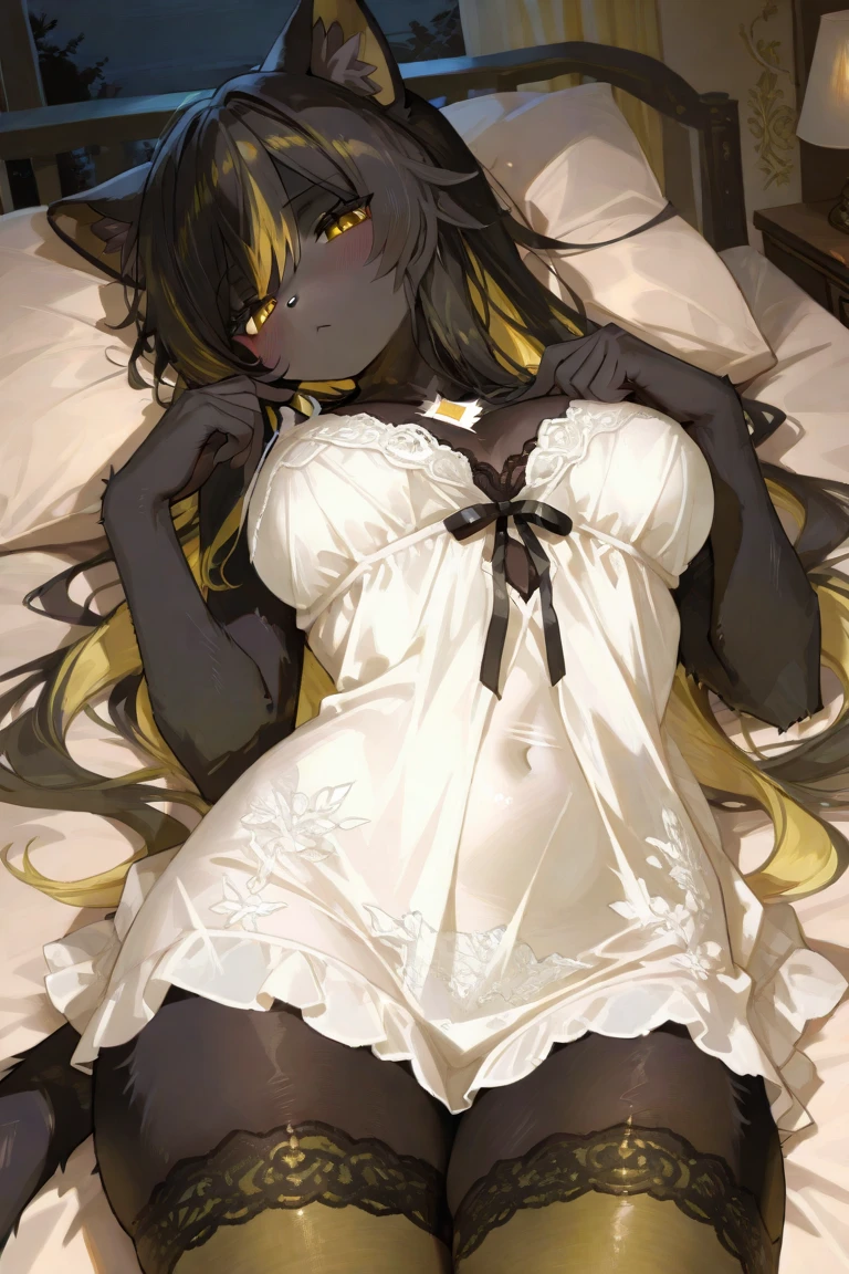 Yayoi Kusama, (dark skin: 0.5),(tanlines:1.1), (school swimsuit tan:1.2),(gyaru:1.3), centered, sleepy eyes, fusion of nipple seal and low-rise shorts, small, female brat, thick eyebrows, thin waist, pigtails, beautiful blonde, braid, rabbit ears, (masterpiece), ((highest quality)), (super detailed), girl, Clean and detailed face, five fingers, textile shading, perfect human structure, perfect anatomy,