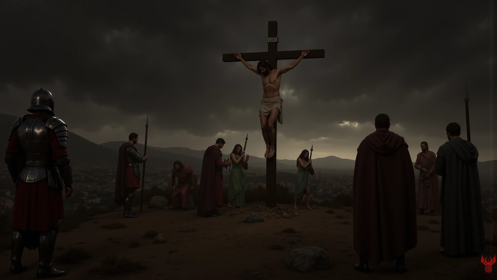 Jesus on the cross, a destroyed place in a dark climate