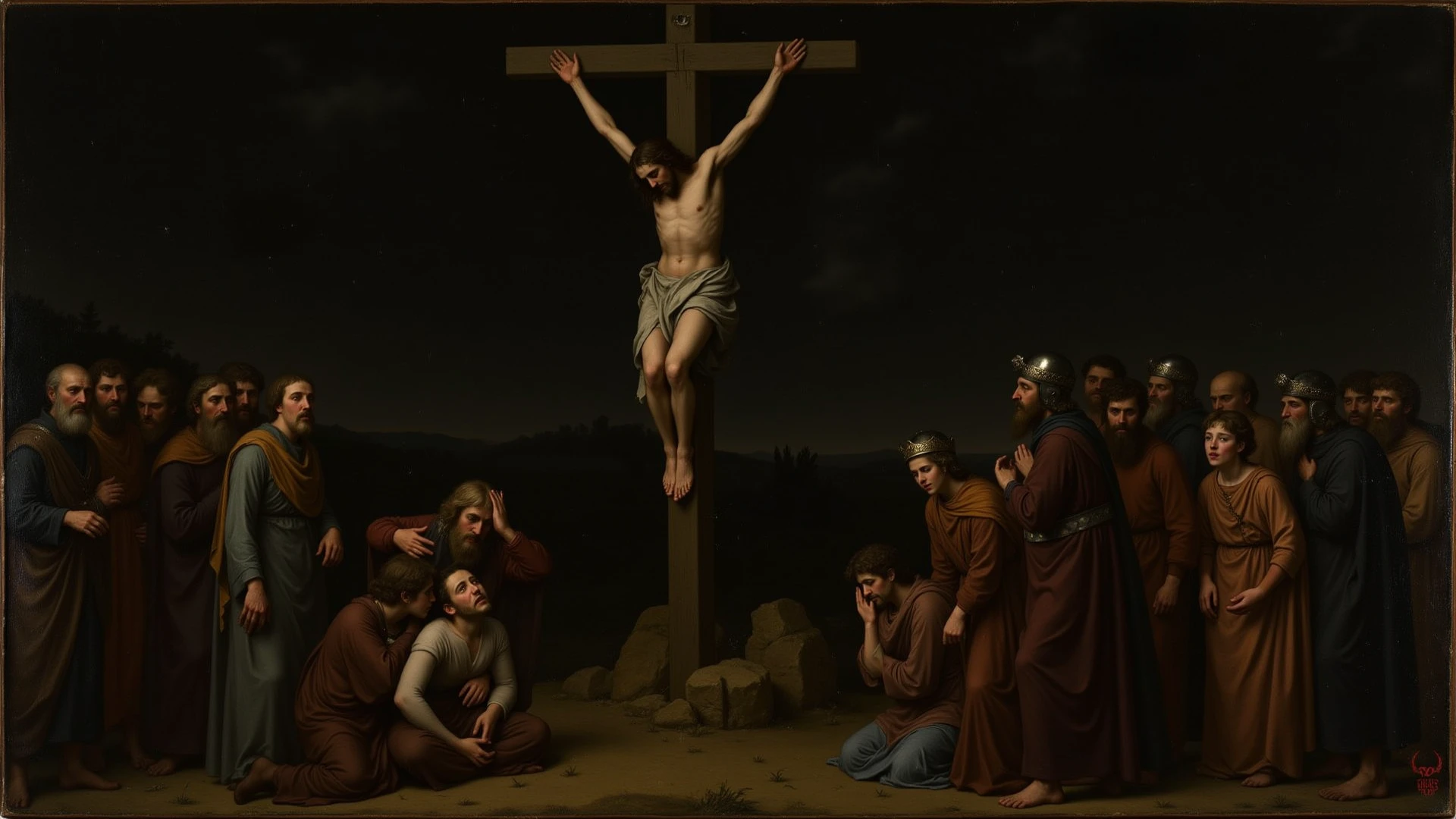 Amongst a chilling backdrop of tombstones, groups of people are gruesomely crucified, their pale bodies contorted in agony. A mesmerizing painting captures this harrowing scene with vivid details - blood-stained crosses, twisted limbs, and anguished faces. The artist skillfully conveys the horror and despair of the victims with haunting realism. This haunting masterpiece evokes a sense of dread and sorrow, immersing viewers in the cruel fate of those depicted.