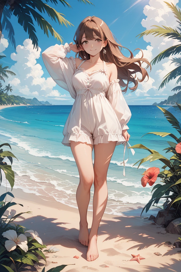 garments:Soaking wet translucent dress:1.1,and strappy sandals、 accessory:shell necklace、 The hair:Soaking wet hair:1.1、 make - up:natural, Glowing skin、Wearing sweat, BEReaction:relax、Free-spirited、 The location:the beach、Resort、outdoor festival、big breaks,4K, (Raw photo: 1.2), (Realism: 1.4), (masutepiece: 1.3), (exquisite detailing: 1.2), Delicate and beautiful details, (Eye Detail), (Facial Detailed), (Highest Quality) :1.4), (Hyper-Resolution: 1.2), cinematric light, (very detailed illustration), (Best Quality, Super Resolution, depth of fields, Wide light, natural shadows
