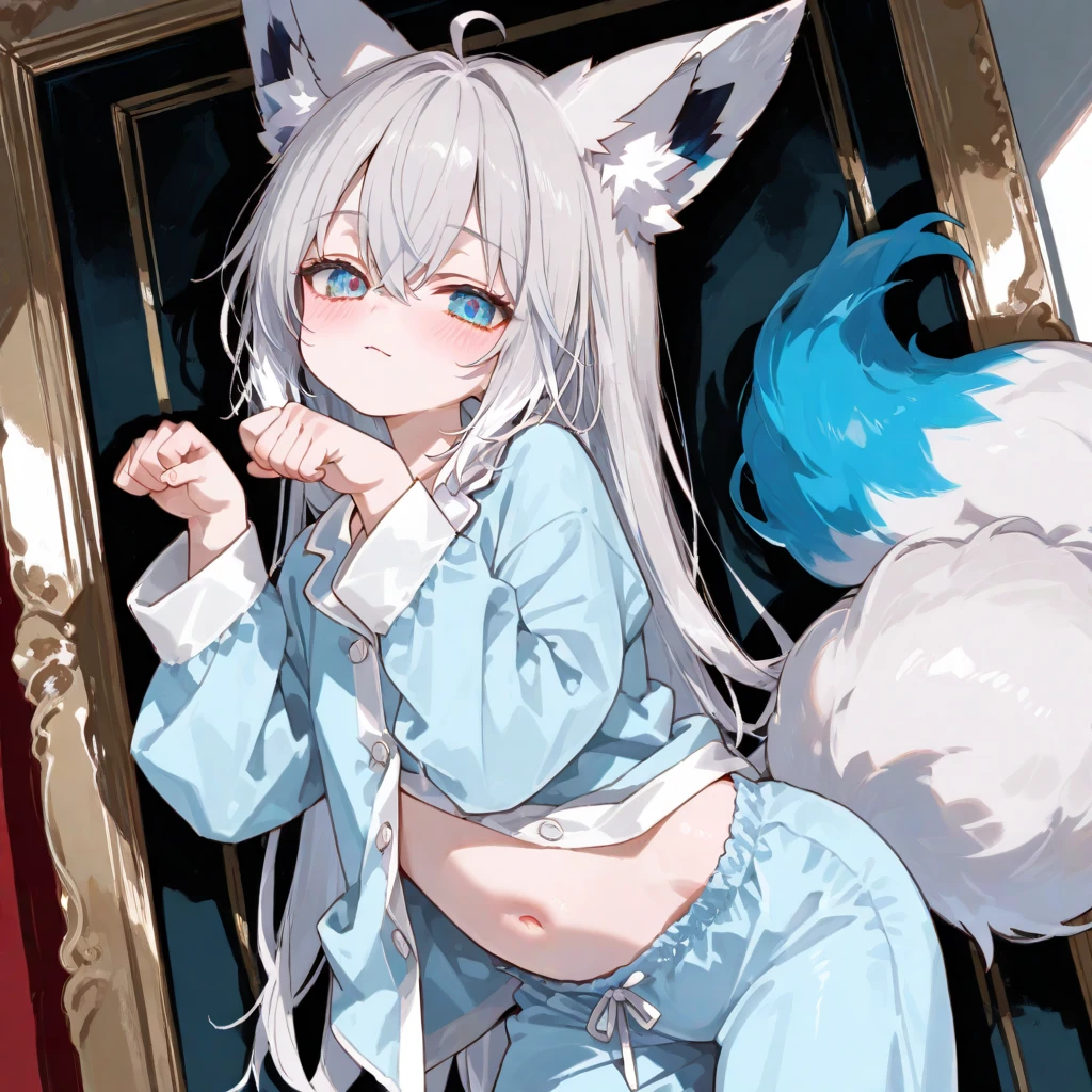 (Peace if possible)) , ((highest quality)), shape, furry,
Cat, animal ears, tail, 1 girl, whole body, 1 girl, alone, long hair, gray hair, *//*, blue eyes, *//*, loincloth, looking at the viewer, smile,open your mouth,tongue,inside the house,High exposure