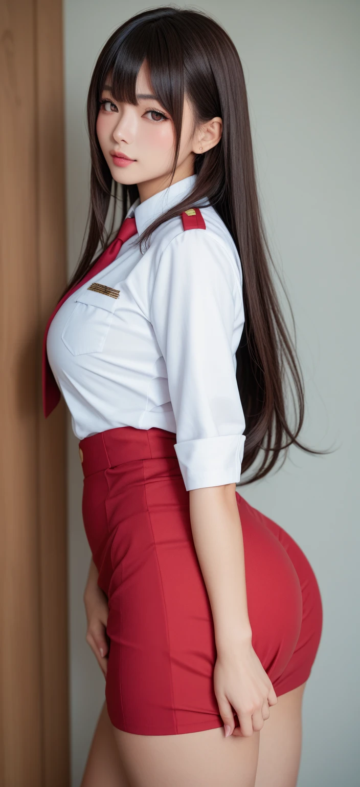 ((highest quality, 32k)), ((masterpiece)), (Familiar), Perfect Face, Fox Woman, Beautiful woman, public, She has a fluffy tail, She has a red fox's tail, She wags her tail, smile, Dog collar, She is wearing a nurse's uniform, Beautiful Hips, Big Butt, Showing off a big tail, A tail sticks out from inside the pants