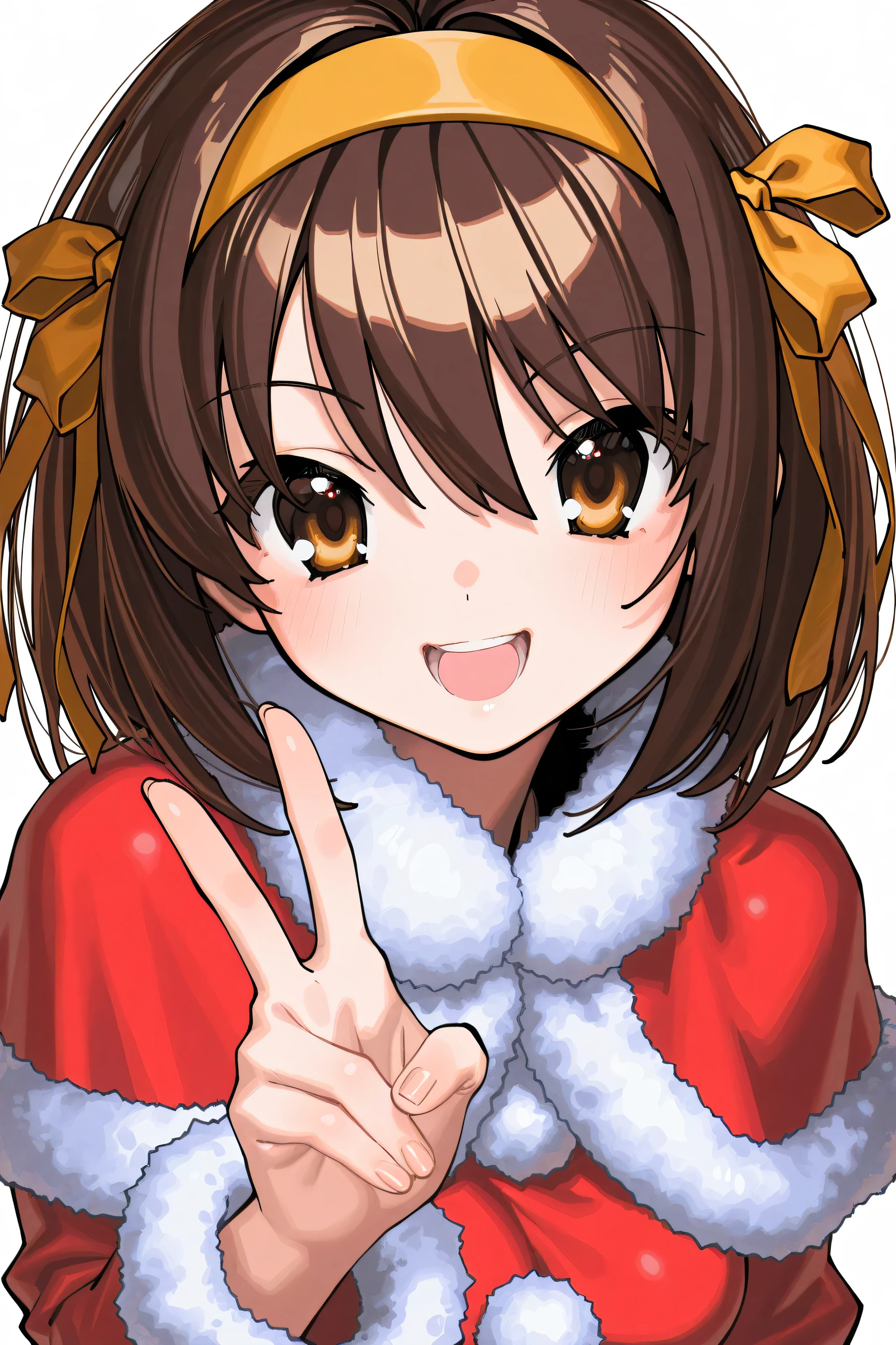 kmj-anonstyle, [artist:yoneyama mai], [artist:kanzarin], [artist: ekrea_jan], masterpiece,best quality,amazing quality, 748cmstyle, solo, eye focus, suzumiya haruhi no yuuutsu, suzumiya haruhi, 1girl, 2000s (style), brown eyes, brown hair, fur trim, hair between eyes, hair ribbon, hairband, long sleeves, looking at viewer, open mouth, red ribbon, ribbon, santa costume, short hair, simple background, smile, solo, v, white background