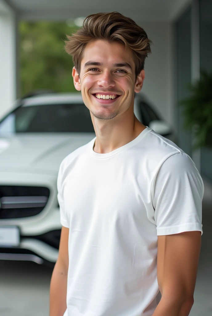Un jeune homme de 18 ans, confiant et au physique tonique, se tient fièrement devant une voiture de sport élégante et haut de gamme. Il est vêtu d'une tenue beige élégante, comprenant un tee shirt et un pantalon bien ajustés, qui complètent sa silhouette athlétique. Sa posture respire le charisme et le succès, avec un sourire subtil et une posture forte et assurée. La voiture derrière lui est un modèle luxueux, brillant sous la lumière, symbolisant ses réalisations et son brillant avenir