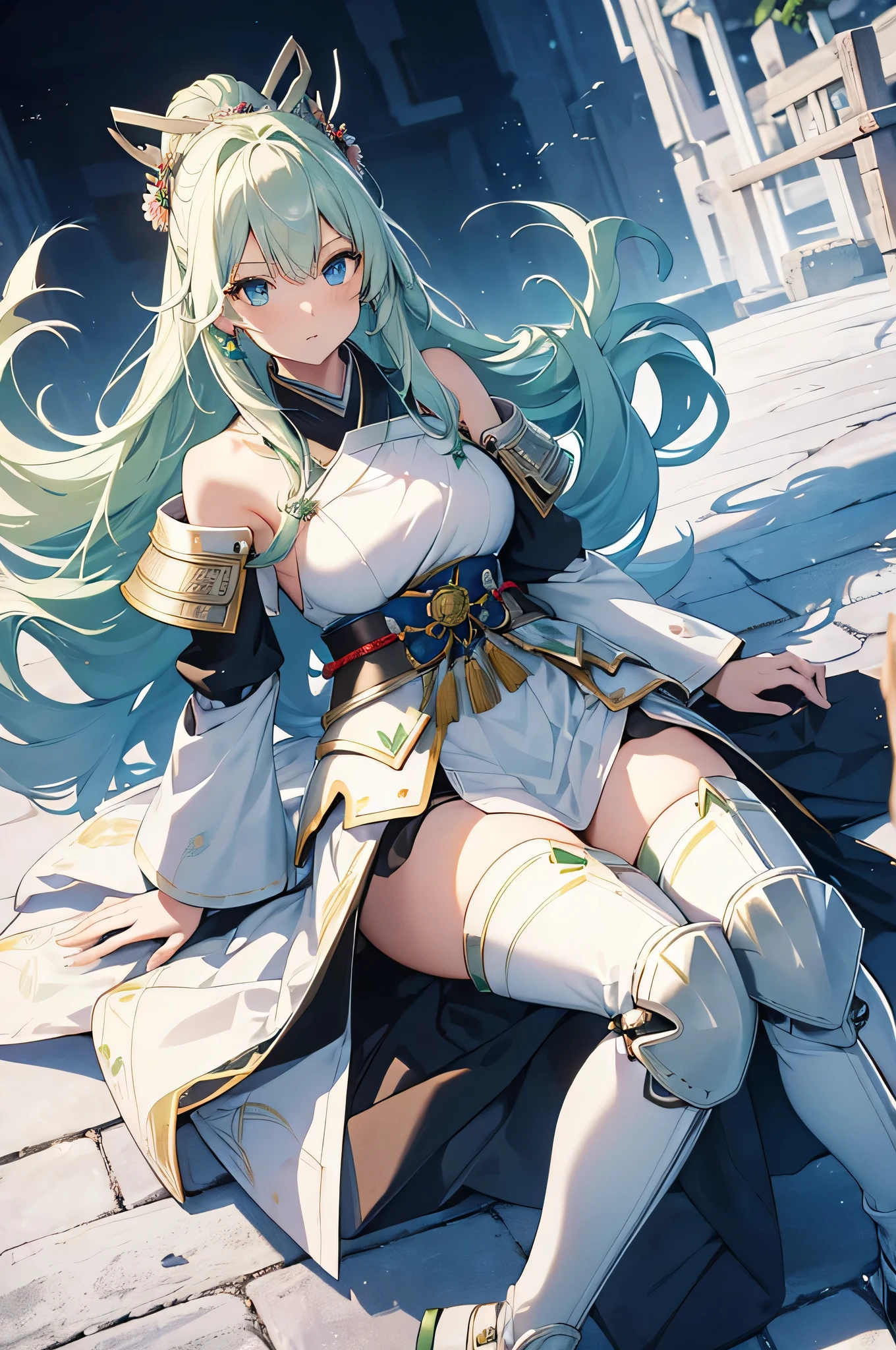 masterpiece, best quality,illustration,highly detailed,amazing, beautiful, finely detail,CG unity 8k wallpaper,sunlight,1girl,solo,field,white thighhighs, kiana kaslana,earrings,blue_eyes,pupils sparkling, ponytail,jewelry, very_long_hair,