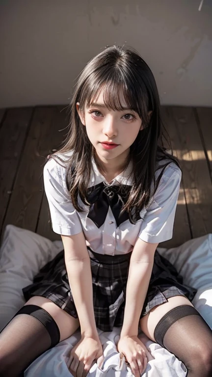 best qualtiy， 超高分辨率， （realisticlying：1.4）， 1girll，Pretty woman with slender figure：1.4，18 female high school students are sexy，White skin，二重まぶた，Delicate eyes，white short blouse，pink necktie，Blue pleated skirt，Over the knee black silk，Being in the room，sitting on a white bed，Fascinating expectations，Brunette half front half，Half in the back，Pose on the bed in a short skirt and shirt，JK school uniform，short- sleeved，tiedshirt