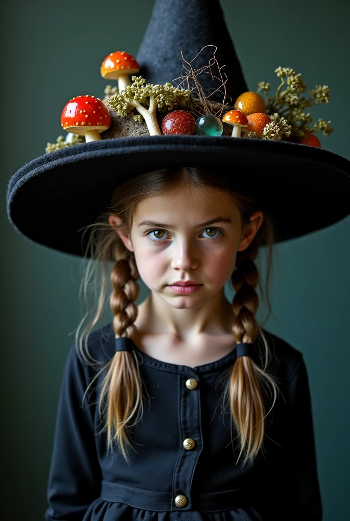 Cartoon Ginger hair girl  wearing a witch hat with mushrooms, flowers and nature