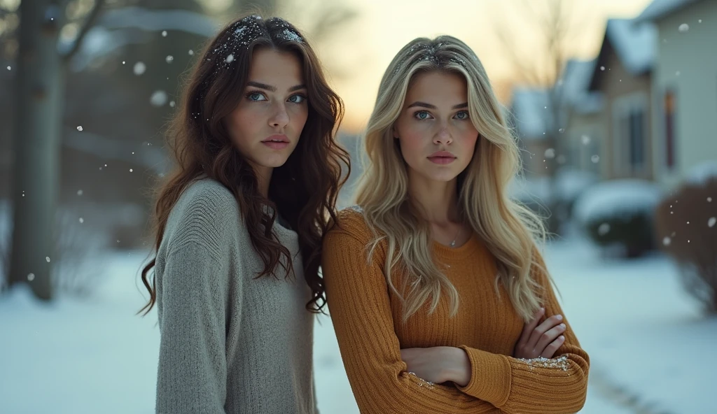 two girls, best friends picture, winter outfit, scarf, evening, dark lights, best quality, Meisterwerk, Realistisches Foto, Komplizierte Details, RAW-Foto, Ultra-detailliert, blondes haar, cute face, Körpchengröße B, blondes Haar, perfekte und blaue Augen, HD quality, 8K, young woman, 20 Jahre alt