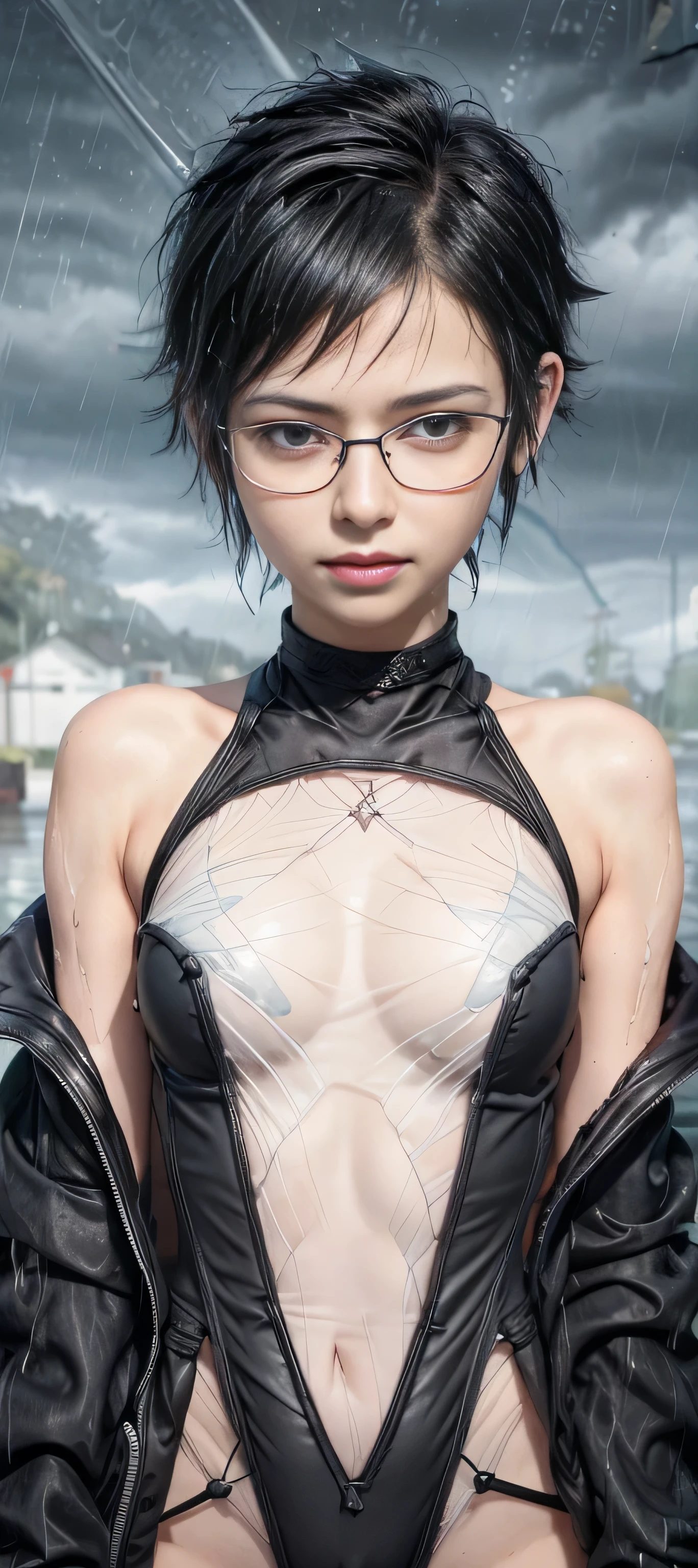 masterpiece, best quality, (realistic,photo-realistic:1.4), (RAW photo:1.2), extremely detailed CG unity 8k wallpaper, delicate and beautiful, amazing,finely detail, official art, absurdres, incredibly absurdres, huge filesize, ultra-detailed,extremely detailed eyes and face,light on face,sarada,(smirk:1.4),(short hair:1.7),sarada uchiha ,(wearing black framed glasses:1.5),(heavy rain background:1.5),(final fantasy outfit:1.5),(black hair:1.5),(storm:1.5),(wet body:1.5),(fish net bodysuit:1.4) 