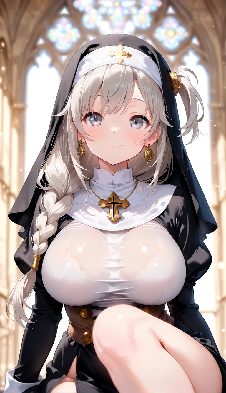 (8K, Best quality at best, tmasterpiece:1.2),\(Eyes detailed\),\(facial feature\),(\(Clothes detail details\)\),(surface focus) ,Very detailed CG unified 8k wallpaper,hugefilesize,ultra - detailed,A high resolution,Huang Li,beautidful eyes,ray traycing,Dramatic shadows,Detailed pubic hair,dramatic angles,hyper-detailing,(1 girl:1.3),(Alone),(Platinum blonde hair:1.2),(White hairband with gold edge,Water drop gemstone earrings),(Cyan eyes),Huge cleavage,Sexy nun,punishment nun costume,nun bra, （hight contrast）， （One color），