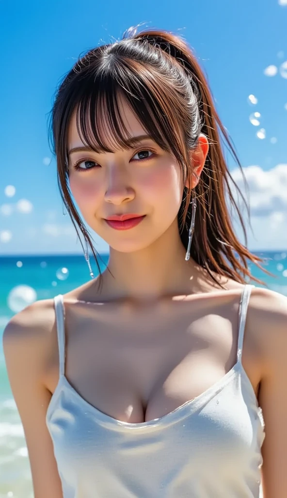 (masterpiece), (Highest quality), (Very detailed),(Disheveled Hair),(shape), (One Girl), (bikini), Are standing, Fashion Model, View your viewers, (interview), (Beach),Beautiful details, Delicate and beautiful face, floating,(High chroma),(Colorful splashes),Colorful bubbles,(The Shining), Focus on the face, Hair Ring, Floating Flowers, Floating Hair, (The Shining), Best lighting, Best Shadow,