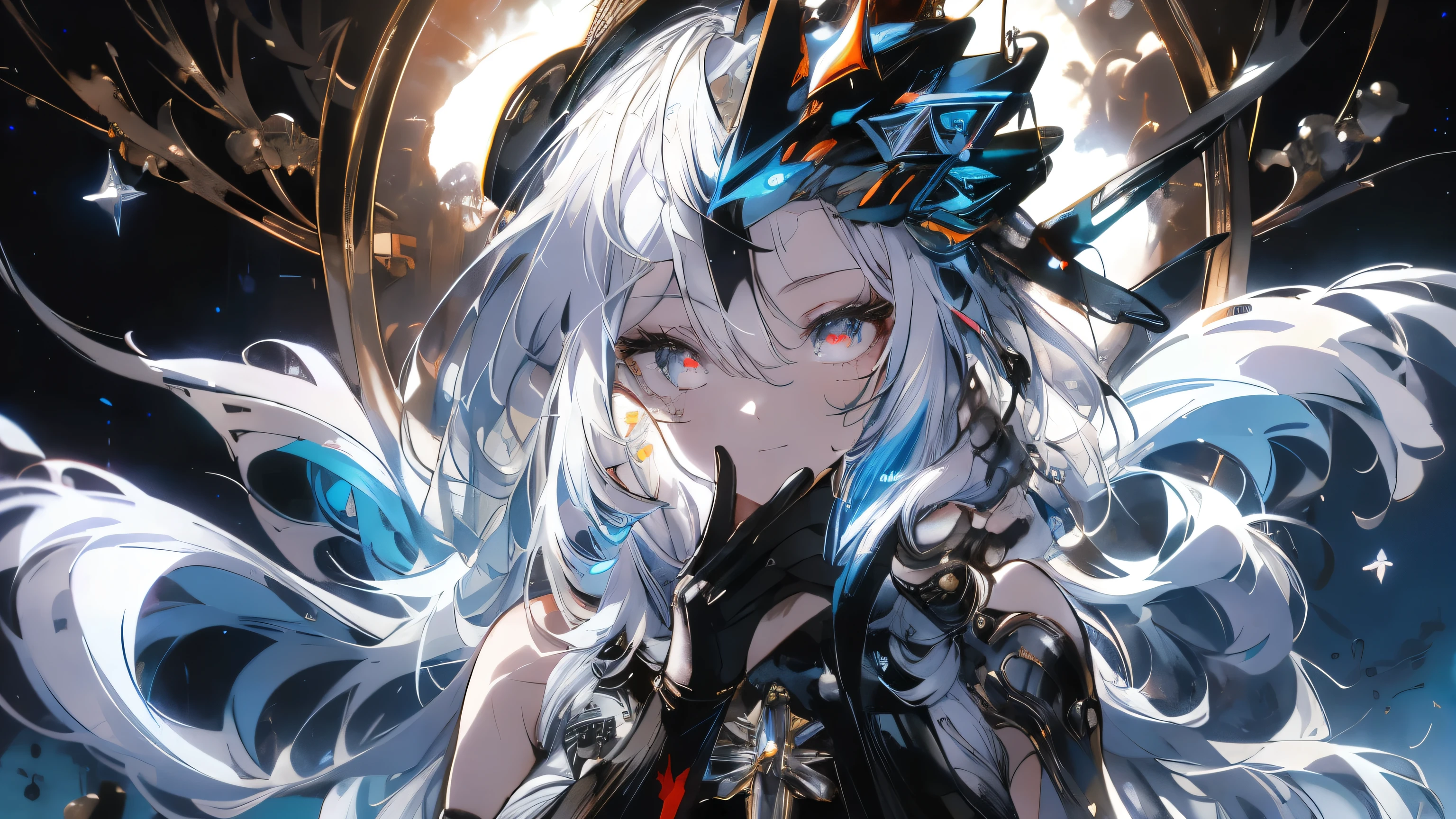 classics,best quality,extremely detailed,Very detailed illustrations,extremely detailed,intricate detail,highres,super complex detail,extremely detailed 8k cg wallpaper,cowboy shot, caustic ,non-gravitational,Ray Detector ,demontheme,Nebula, dark halo , Network effect , ( 1 girl:1.4),solo,lonely,mecha musume,mechanical parts, robot coupling,single machine arm, helmet , mechanical halo,star halo ring,sophisticated mechanical suit, mechanical corset, kimono, full armor, Very long hair,white hair, hair between eyes, multicolored hair, dyed hair, red eyes, glowing eyes , eye trail , random expression , random action , ancient japanese architecture,ao sen, starry sky,skyline, beautiful mouth