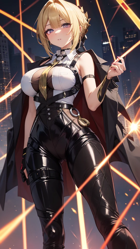 ((masterpiece)),(best quality),(detailed),(1girl), beautiful glowing hair, long hair, yellow glowing eyes, wavey hair, black dress, red bottom, stockings, android, datastream, cables, wires, charging, digital chains, medium breasts, cleavage, staring at viewer , breasts close up