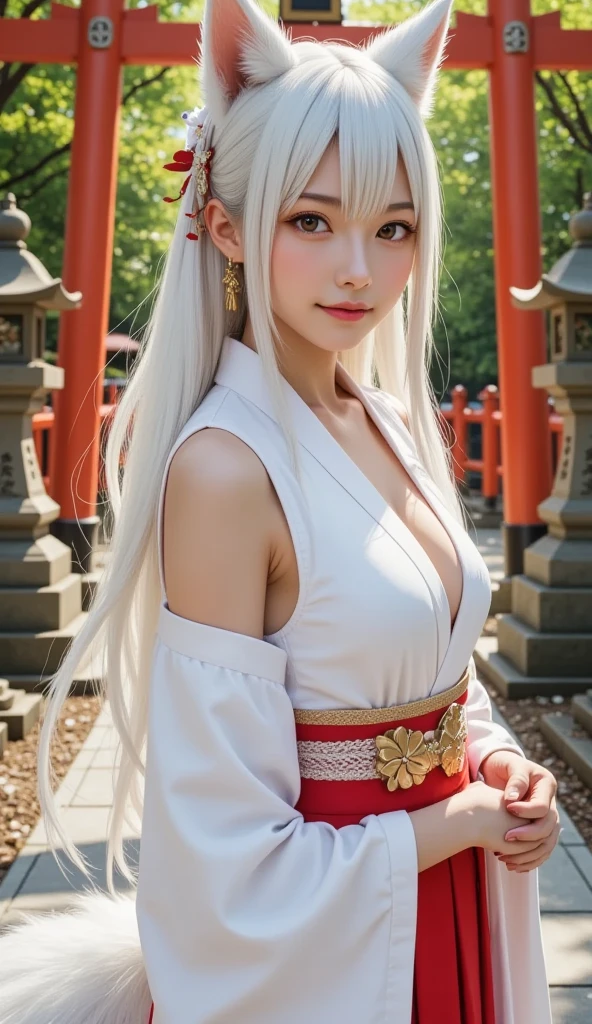 8K,Black light、angerの表現の真の芸術、angerの犬神,Preparing for battle,Preparation to fight,bushido,Fighting Poseの50歳の女性,Delicate and beautiful mature dog goddess、1 、Dog Ears,Gray Hair、日本のShrine maiden衣装を着た犬神の女王、anger,Japanese red and white Shrine maiden衣装,Glaring at the viewer,Dynamic Angle,Anthropomorphic Inugami Queen、Long white hair、so beautiful、(Super A)High resolution、Best image quality)、masterpiece、Very delicate and beautiful、Attention to detail,Rich background,((High resolutionスキン))Golden Eyes,teeth、Golden Eyes,Beautiful expression,White tail、red sacred magatama collar、Attractive body、Slim female muscular body,My abdominal muscles are so tight、Super A high resolution,Surreal,Shrine maiden衣装,赤と白のShrine maiden衣装,Wide open chest,Beautiful white bare skin,Dog Ears,Photorealistic RAW photos of the highest quality。Bright colors,Rich colors, Backlight, Cinema Lighting, Film Grain, to be born, 50mm lens, Nikon D850,Realistic Skin,Fantasy art,Character Art,超High resolution,Realistic Skin,sunset,very large breasts exposed,Battle Scenes,Action Scenes,Acrobatic pose,Action pose,Fighting Pose,Shrine maiden&#39;Red Hakama,Fighting Style,Mature Woman,middle aged,Intricate craftsmanship of the Inugami crest,