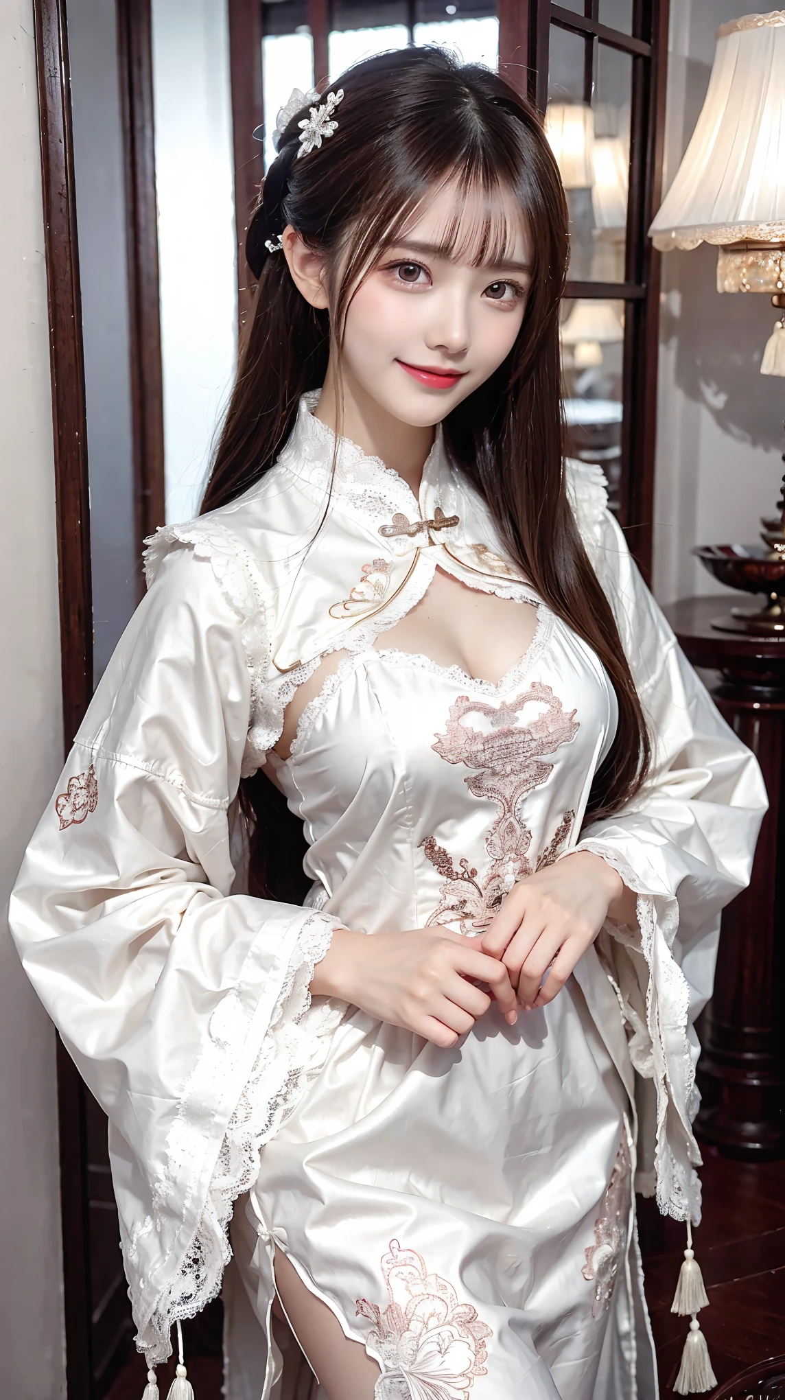 Master quality, highest quality, best picture quality, exaggerated details, a cute 8 year old asian with a shy expression, slightly squinted eyes, adjusting her hair, long eyelashes (long hair / very, very exaggerated big breasts, big tits / in petticoat dress tissue, ), posing sit in front of the camera, wet breast hanfu, slim and tall waist, silk lace, xintong chen, with open v hafu acient chinese clothes, detail breast , detail cheast