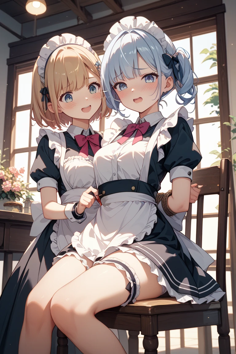 highest quality、masterpiece、((2 girls))、((smile:1.3))、(blush:1.3)、Black Shirt、blouse、((fun!!))、(Small breasts)、(Photo from below:1.5)、Blonde、()、((White apron:1.5))、((Maid))、((hair ornaments)),、Kamimei、look at me、 ((in house:1.5))、 Taking a break from watching the audience、Cowboy Shot、(Skirt lift:1.3),(Highly detailed white panties:1.3)、(Highly detailed panties:1.3)、、(スカート that rolls up:1.3)、(Panties fully exposed:1.5)、Light blue eyes、long hair、