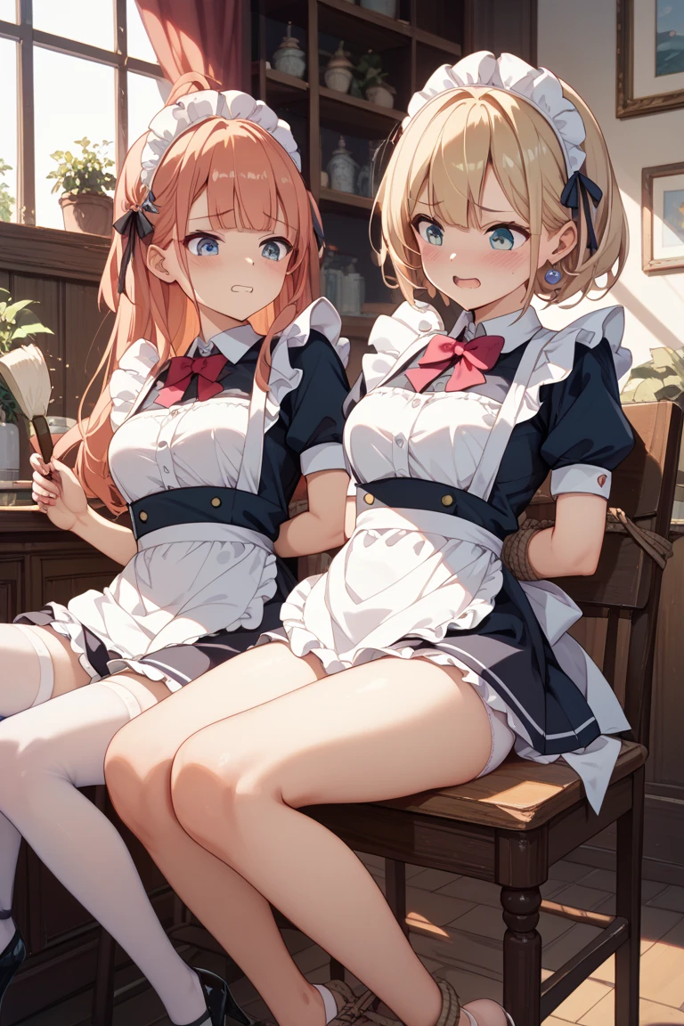 highest quality, masterpiece, ((2 girls:1.5)), ((smile:1.3)), (blush:1.3), Black Shirt, blouse, ((fun!!)), (Small breasts), Blonde, (Long sleeve), ((White apron:1.5)), ((Maid)), ((hair ornaments)), Kamimei, look at me, ((in house:1.5)), Taking a break from watching the audience, Cowboy Shot, (Skirt lift:1.3), (Highly detailed pink striped panties:1.3), (Highly detailed panties:1.3), (スカート that rolls up:1.3), (Panties fully exposed:1.5), Light blue eyes, long hair, Glowing Eyes
