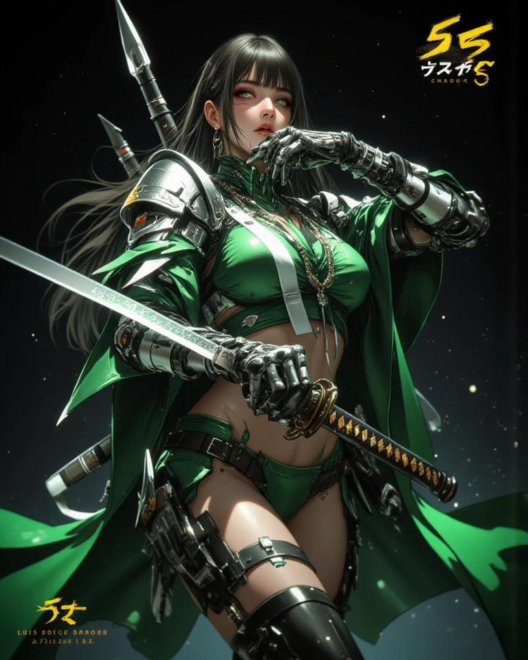 full body, Standing, Princess Zelda as Shinobi, costume all black with gold stripes, she has large breasts, (short black hair), ((wearing Oni mask on her face)), cut scar over right eye, (green eyes), a katana attached to her waist, blood all over her clothes, she is in an ancient ninja Temple full of swords stuck in the ground, Anime, masterpiece, 16k, award winning, best quality, high details, UHD, masterpiece, anatomically correct