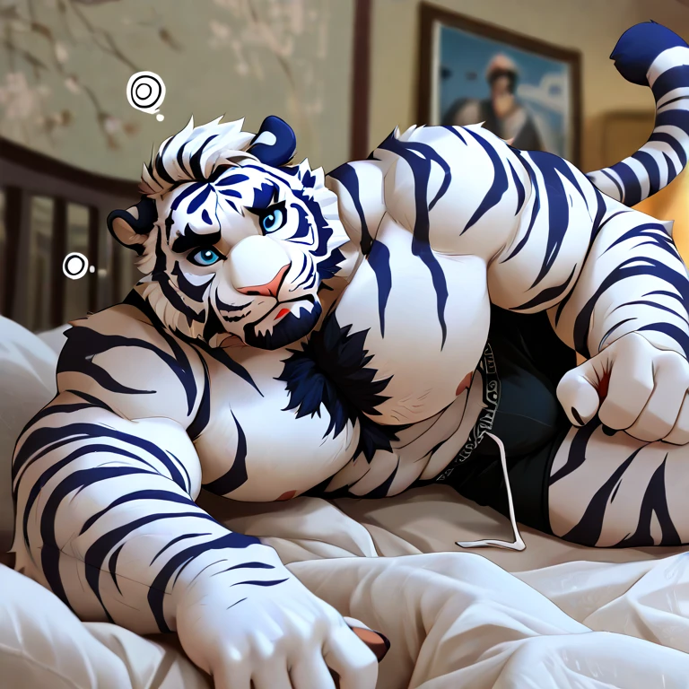 (((detailed eyes, detailed face))), (anthro, tiger, black eyes), male, (solo), (plump, belly, chubby, overweight), (white jockstrap <lora:bulge_white_jocks_findigo_v2:1>, topless), standing, arms behind back, smile, (by zackarry911, by zaush, by personalami:0.5), bedroom, soft shading, masterpiece