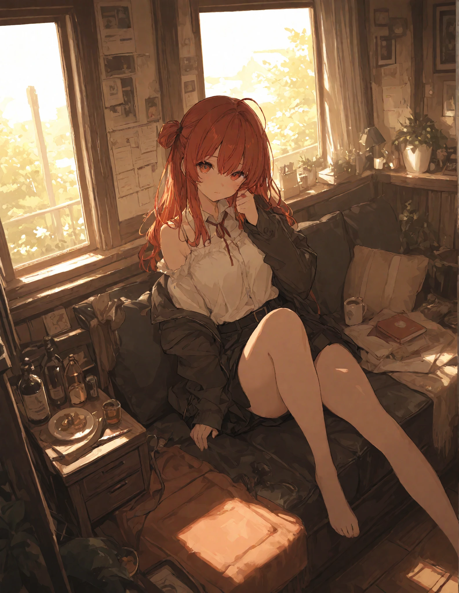 Anime girl, orange hair, laying down, big ass, large breasts, white sweater, black tights, cleavage, fireplace